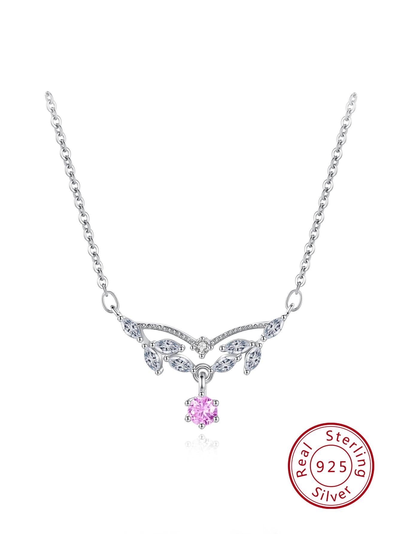 1pc Delicate & Elegant 925 Sterling Silver Lucky Pink Cubic Zirconia Water Drop Pendant Necklace, Suitable For Women's Wedding, Party And Daily Wear