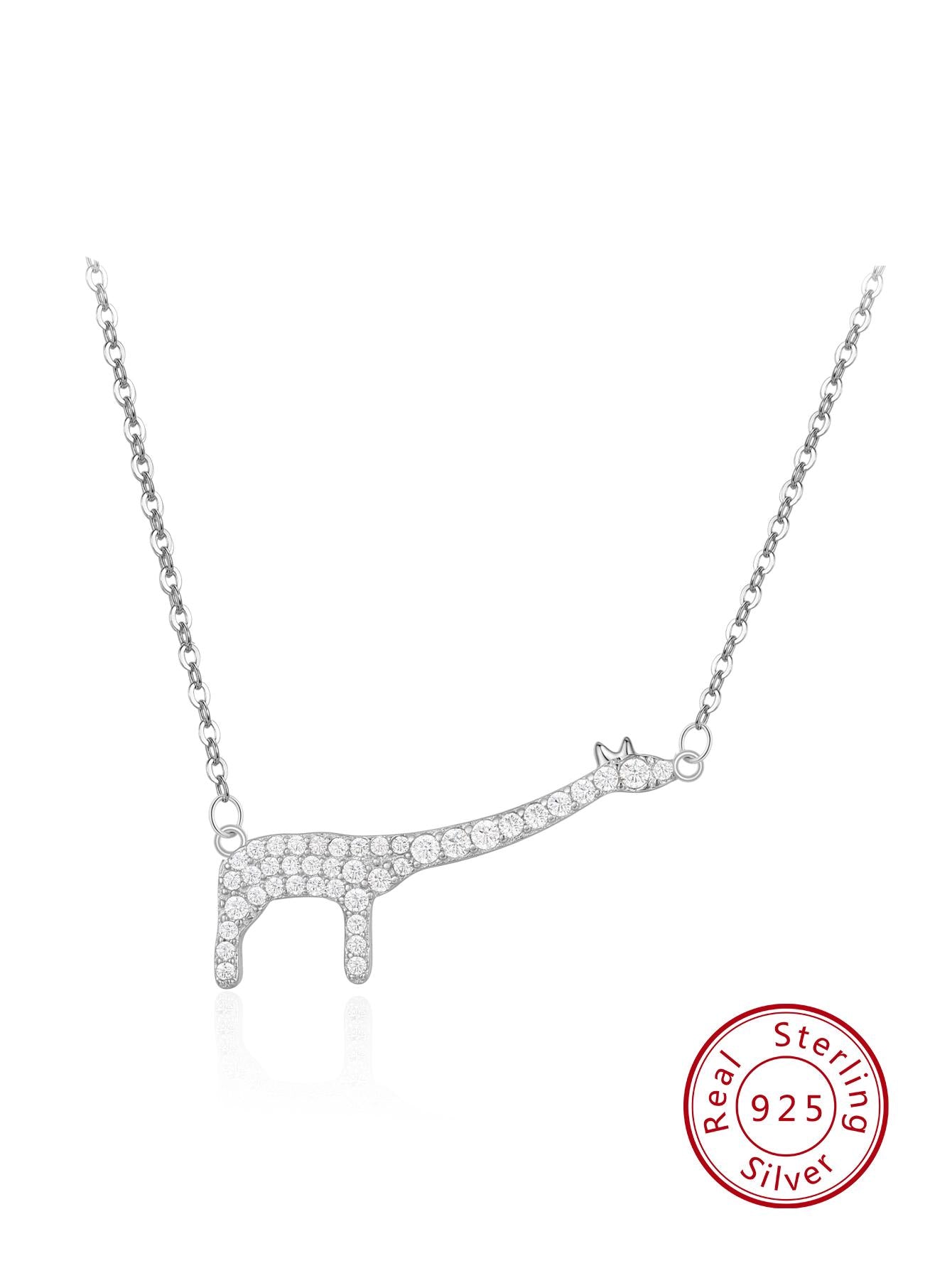 1pc Fashionable 925 Pure Silver Long Neck Animal Giraffe Shaped Artificial Zirconia Pendant Necklace, Suitable For Women Daily Wear