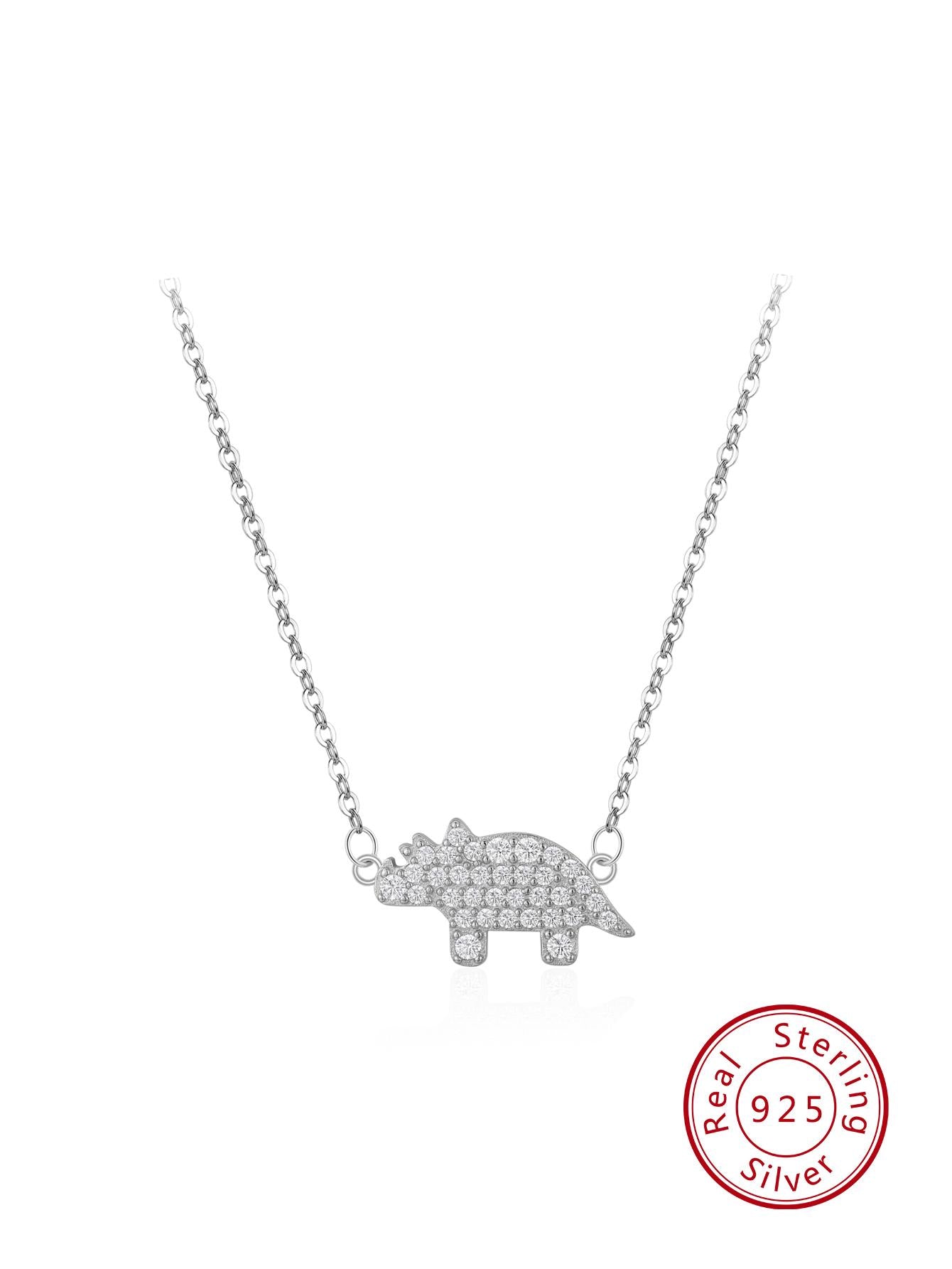 1pc 925 Sterling Silver Sparkling Cubic Zirconia Cute Rhinoceros Animal Pendant Necklace For Women, Fashionable Exquisite Jewelry Gift