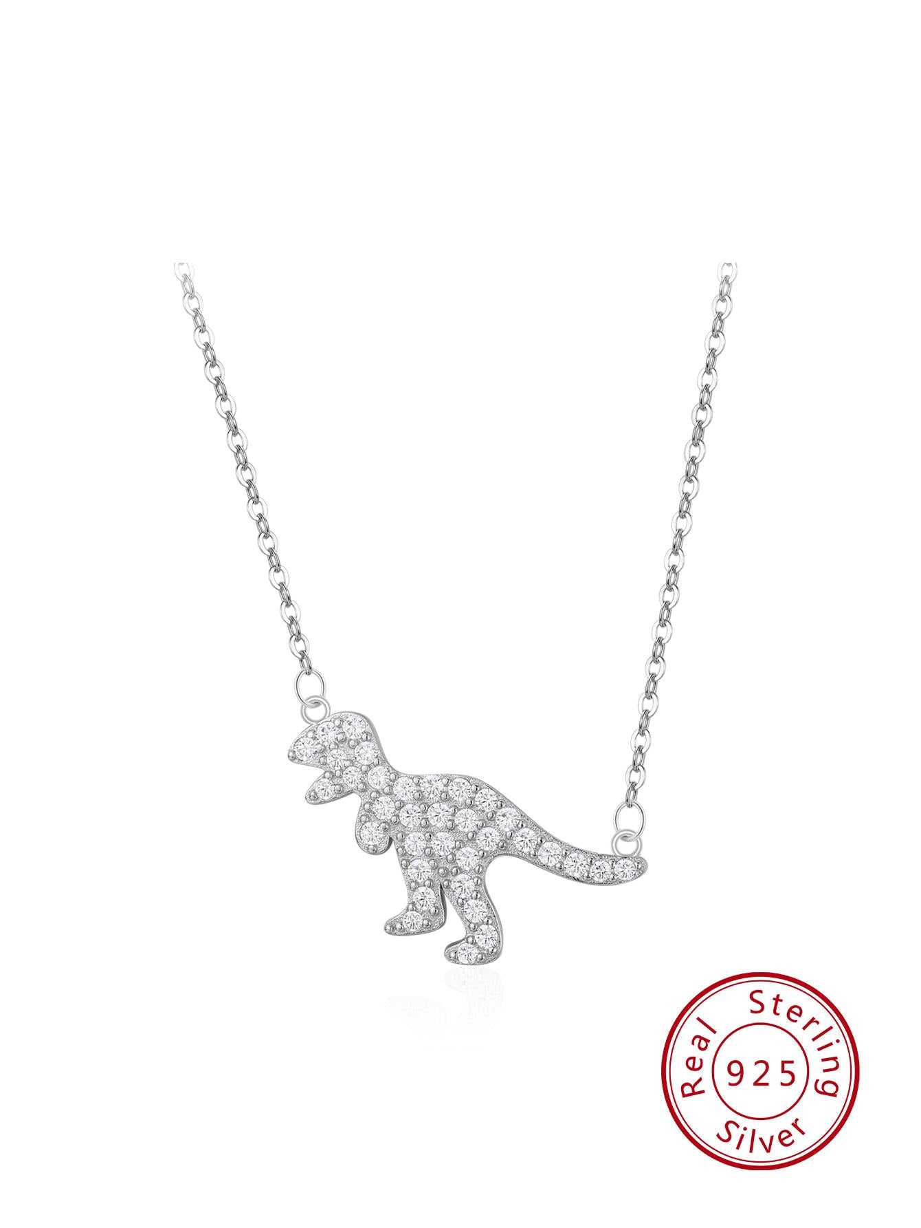 1pc 925 Sterling Silver Personality Cute Dinosaur T-rex Animal With Cubic Zirconia Pendant Necklace For Women's Fashion Party