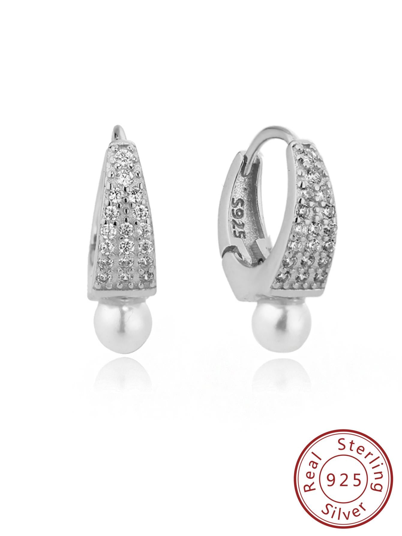 1 Pair Fashionable 925 Sterling Silver Pearl & Micro Pave Embellished Hoop Earrings, Silver Jewelry For Women Gift