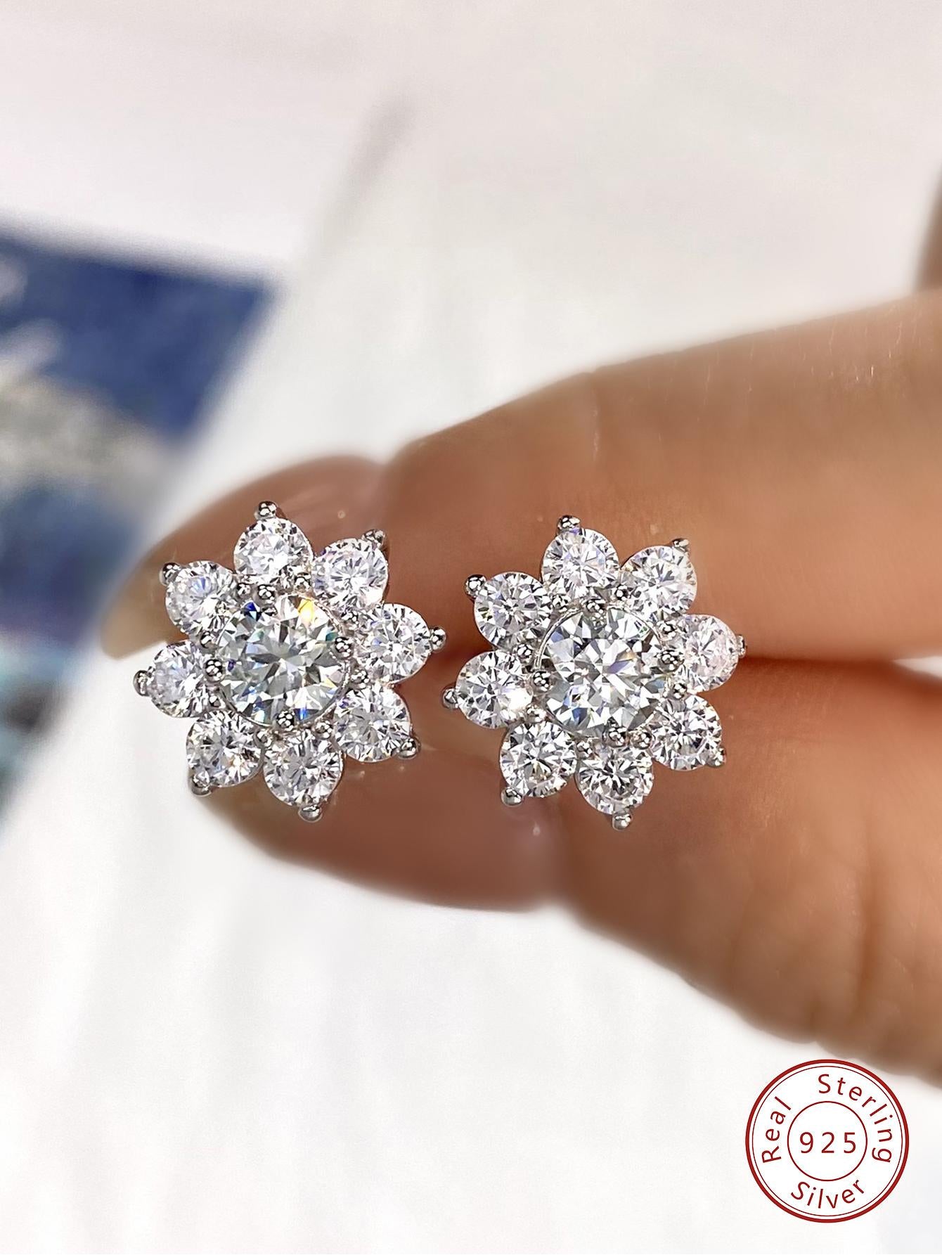 1 Pair of Elegant Luxury Laboratory-created Moissanite Sun Flower Stud Earrings for Women Sterling Silver Engagement Wedding Trend Fine Jewelry Anniversary Gift