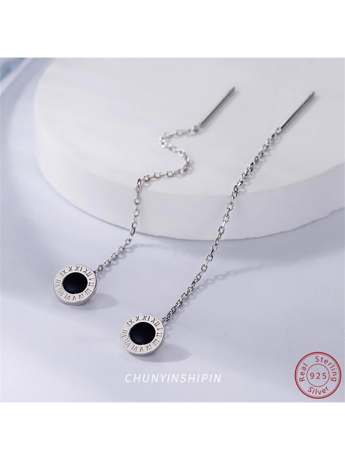 925 Sterling Silver Black Round Roman Numerals Long Earrings. Fashion Minimalist Silver Jewelry Personalized Circle Ear Line Trendy Women's Accessories Gift