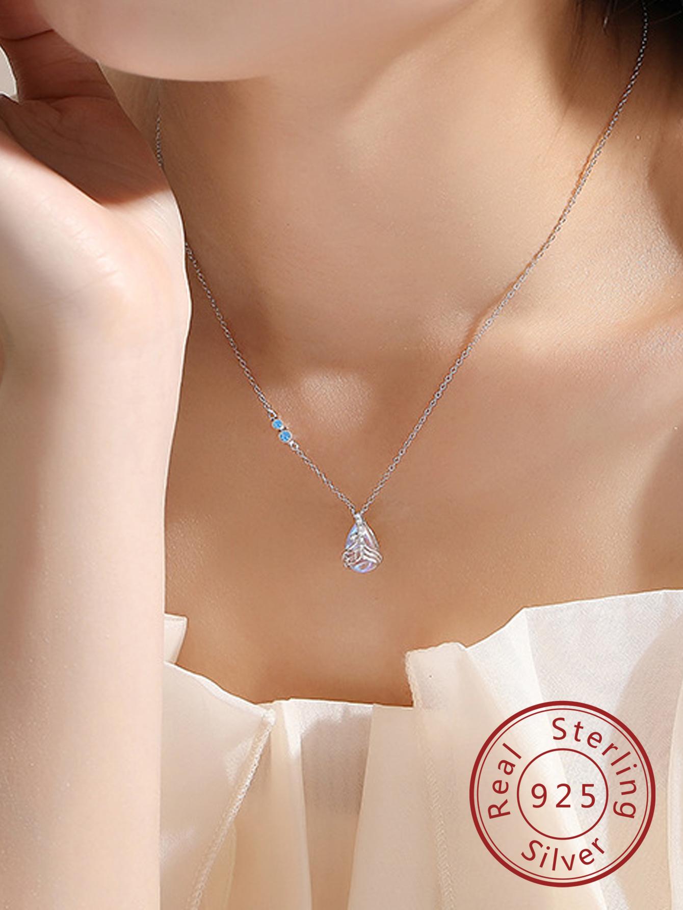 1pc 925 Silver Luxury Waterdrop Moonstone & Fish Tail Pendant Necklace For Women, Ideal For Gift, Wedding Anniversary And Party