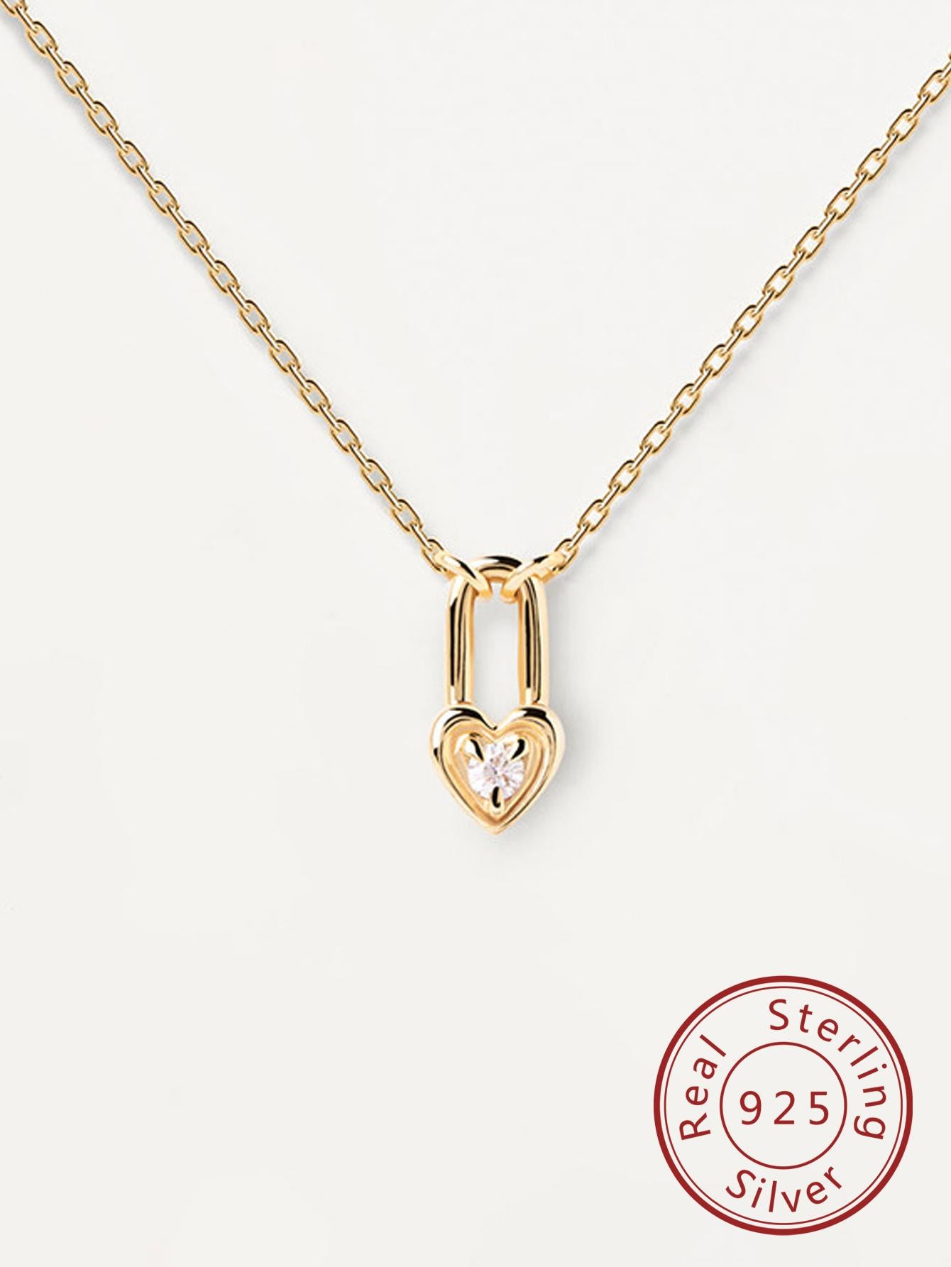 1pc 925 Silver Women's Fashionable Luxury Cz Stone Inlaid Heart Lock Pendant Necklace In , Suitable For Gift, Souvenir And Party Occasion