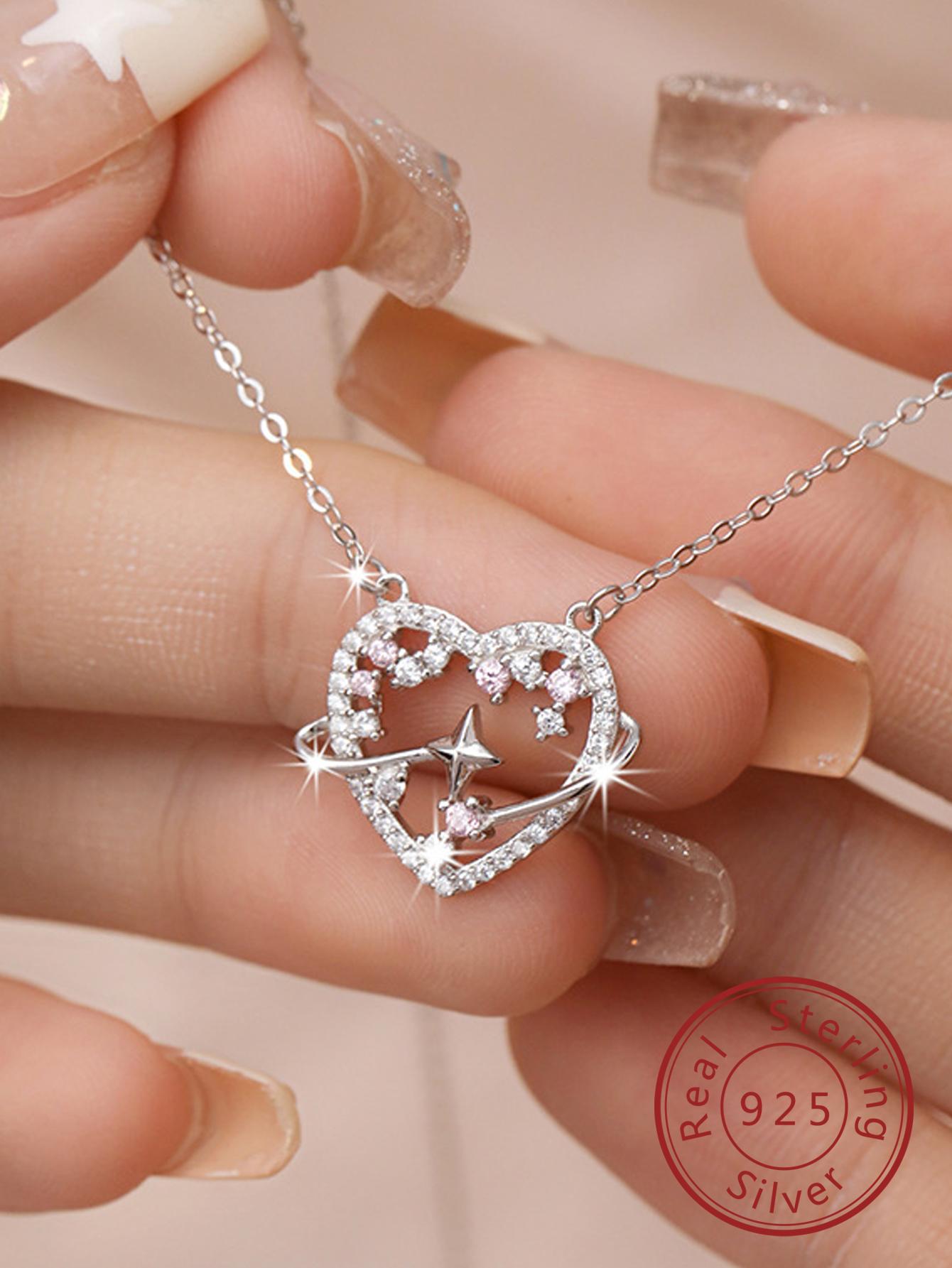 1pc 925 Sterling Silver Women's Luxury Cz Inlaid Heart & Star Pendant Necklace, Perfect For Gift, Wedding Anniversary And Party