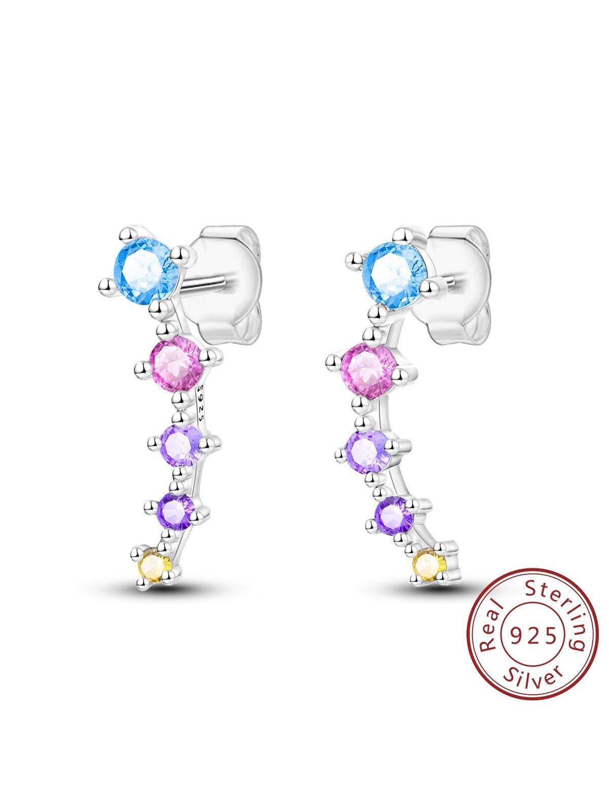 1pair 925 Sterling Silver Colorful Cubic Zirconia Stud Earrings For Women Girls Fine Earrings Jewelry Gifts