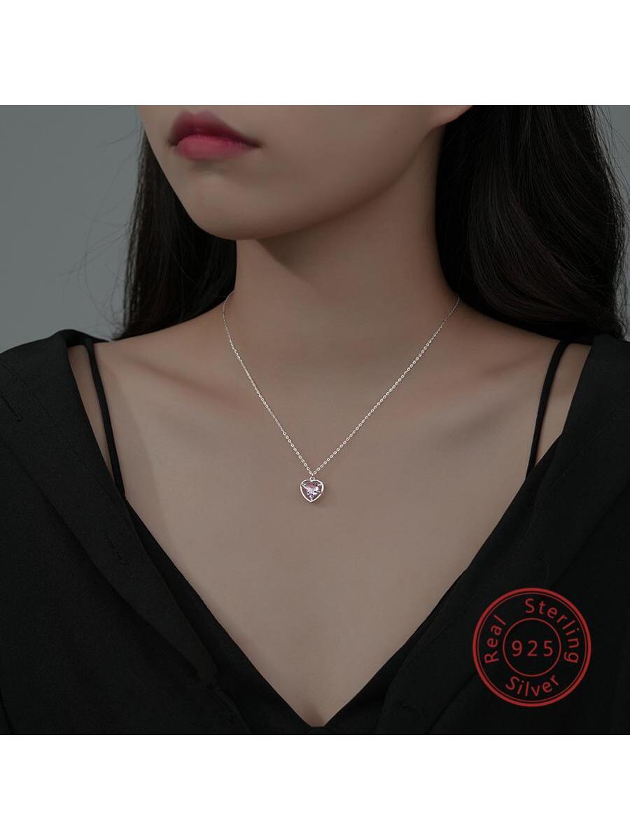 Versatile Simple Sweet Fine Cubic Zirconia Decor Heart Detail Sterling Silver Chain Necklace For Women For Banquet, Prom, Party Fine Necklaces