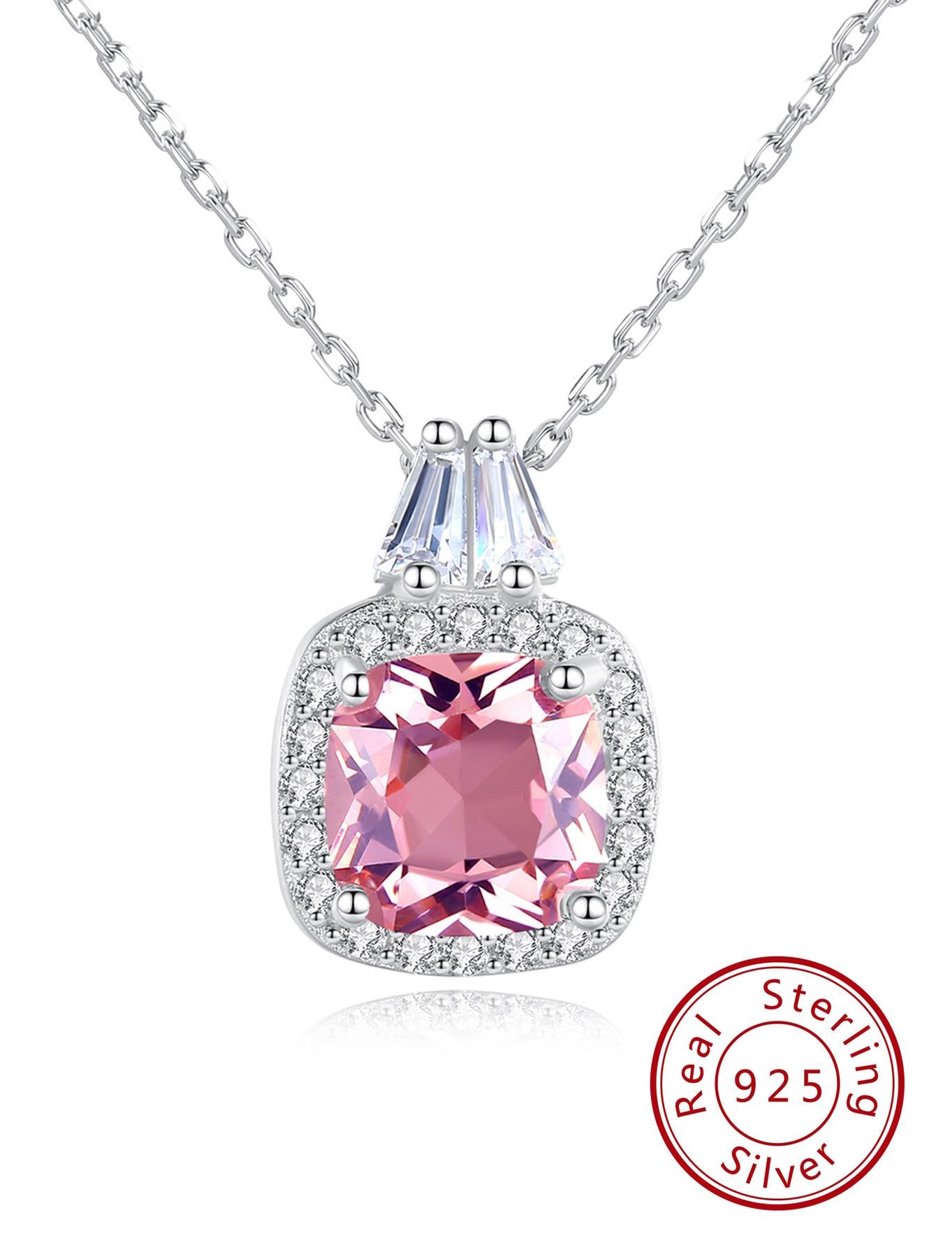 1 PC Gorgeous 925 Sterling Silver Pink Cubic Zirconia Pendant Necklace European & American Box Chain Necklace Fashion Versatile Women 925 Silver Jewelry for Birthday Wedding Engagement