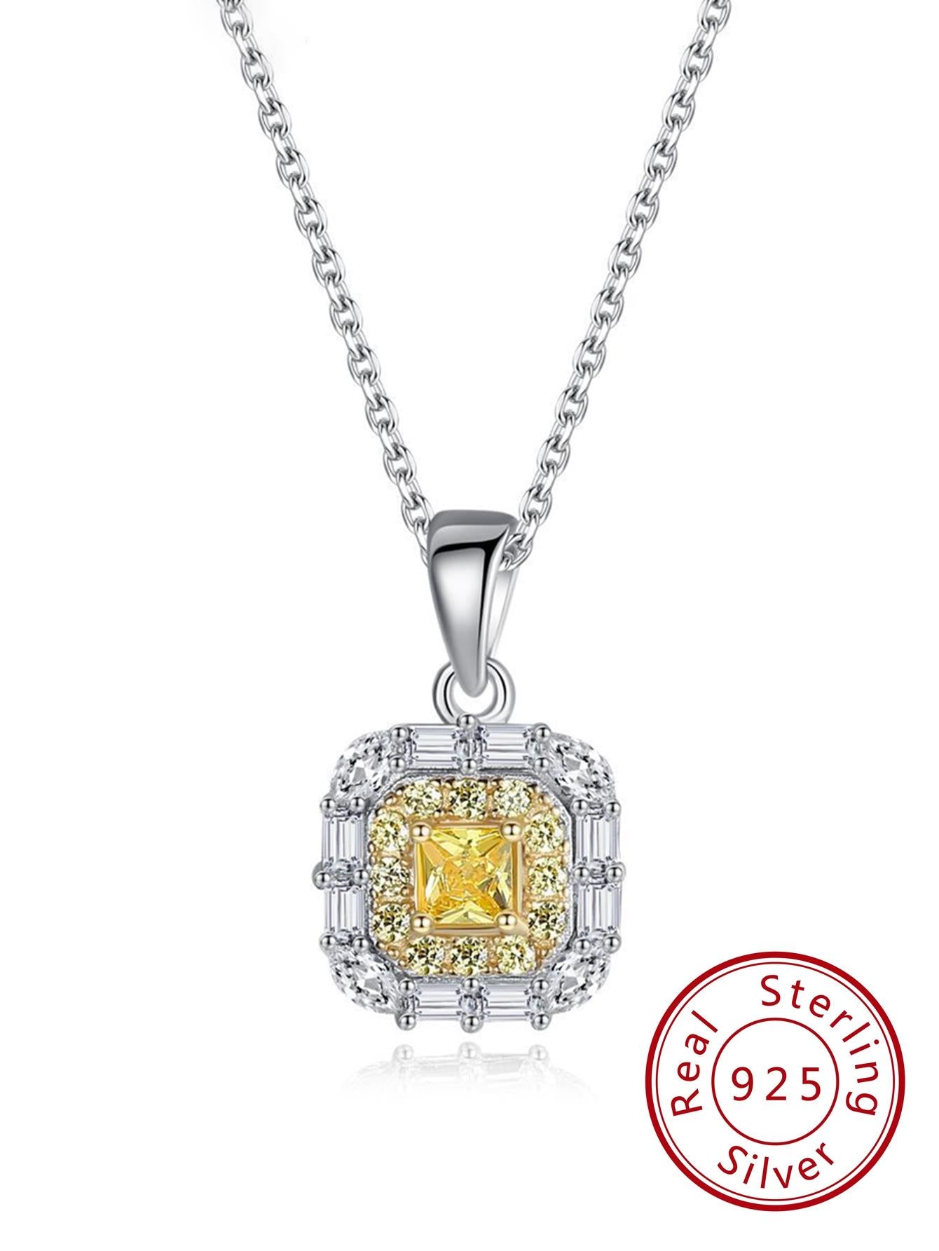 1 PC Female S925 Sterling Silver Pendant Necklace Fashion Yellow Cubic Zirconia Micro Setting Women Birthday Wedding Engagement Party Jewelry Anniversary Gift