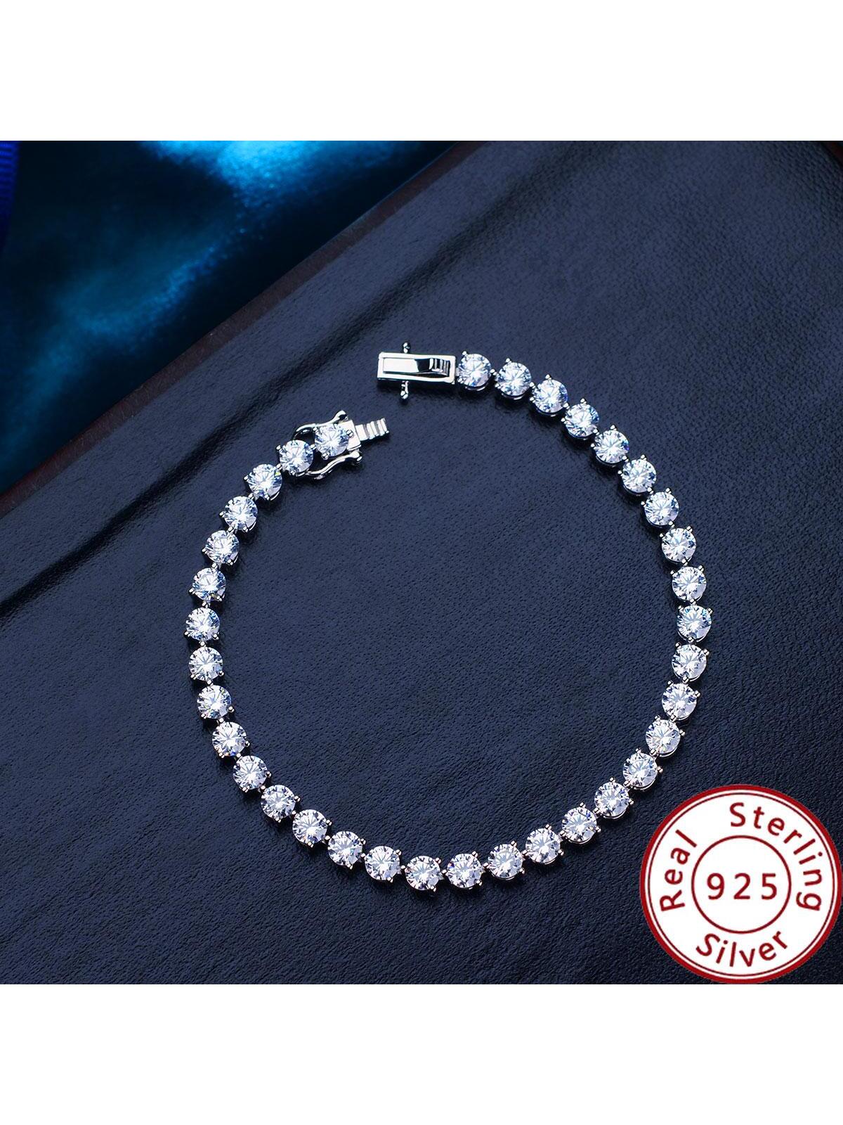 1pc 925 Sterling Silver & Cubic Zirconia Tennis Bracelet, Fashion Chain Link Design For Women's Daily Wear