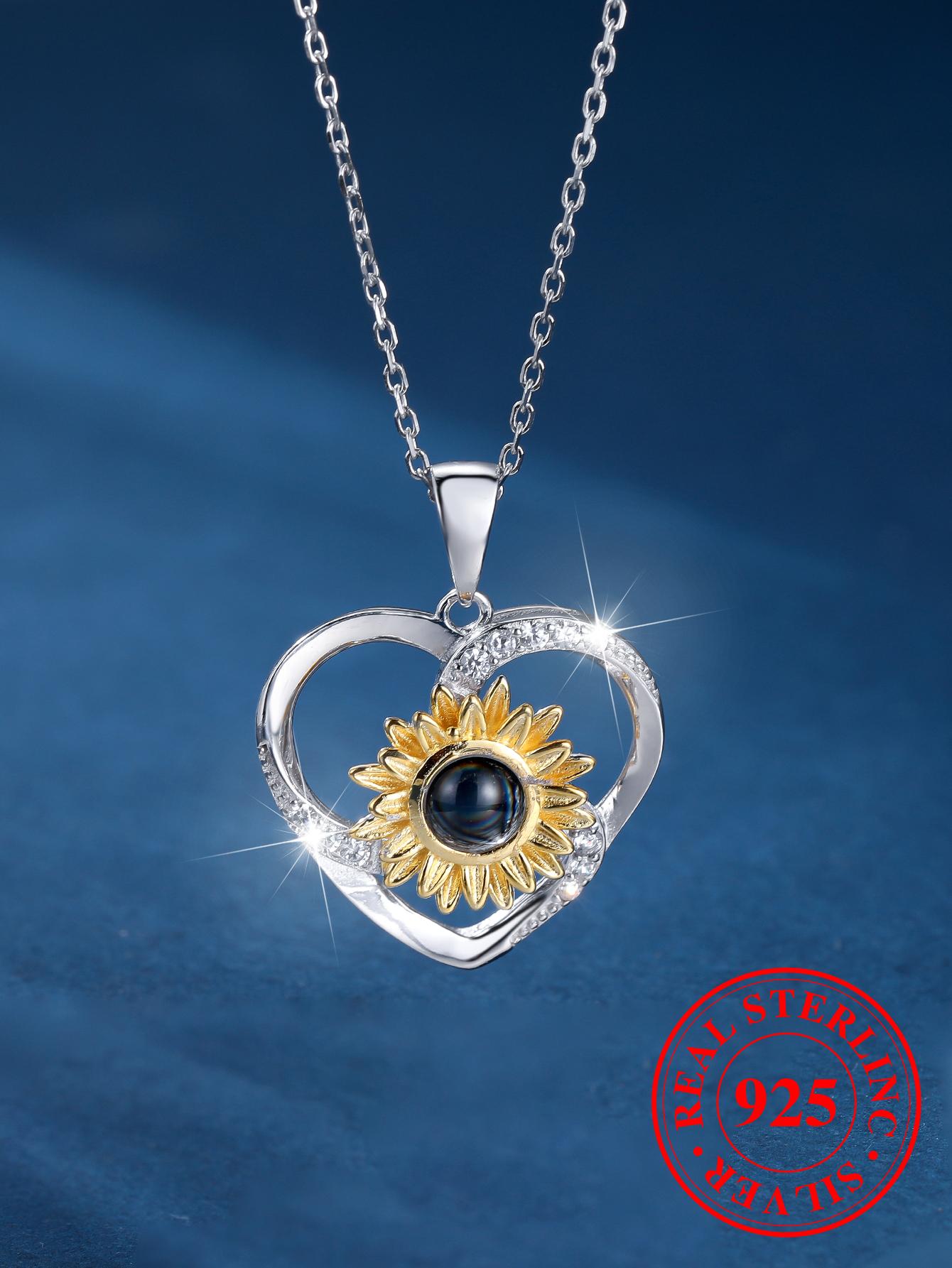 1pc Exquisite Sterling Silver Moonstone Sunflower Double Layered Heart Pendant Necklace For Women, Date Engagement Party Gift