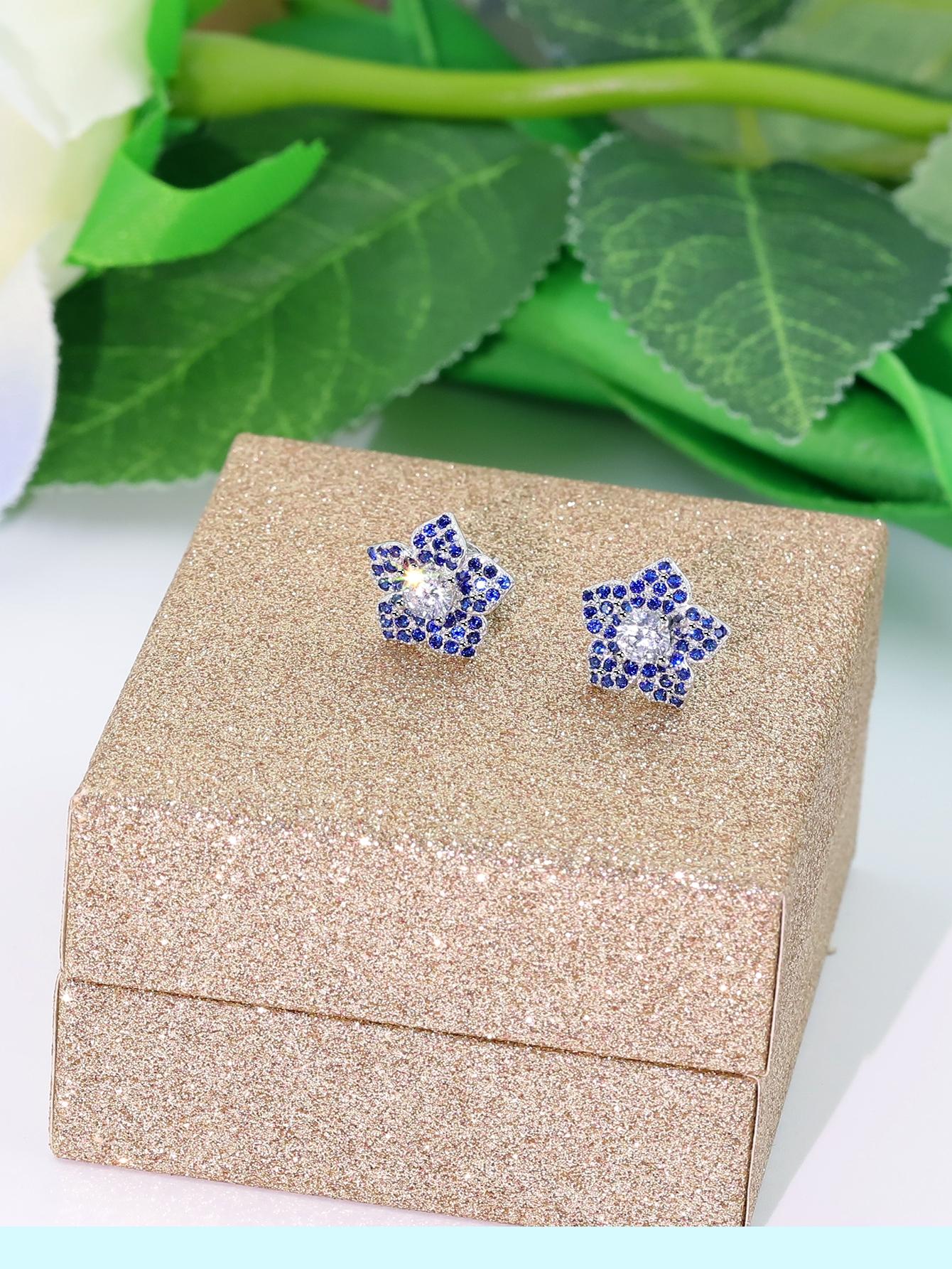 1pair 925 Sterling Silver Blue Cubic Zirconia Earrings