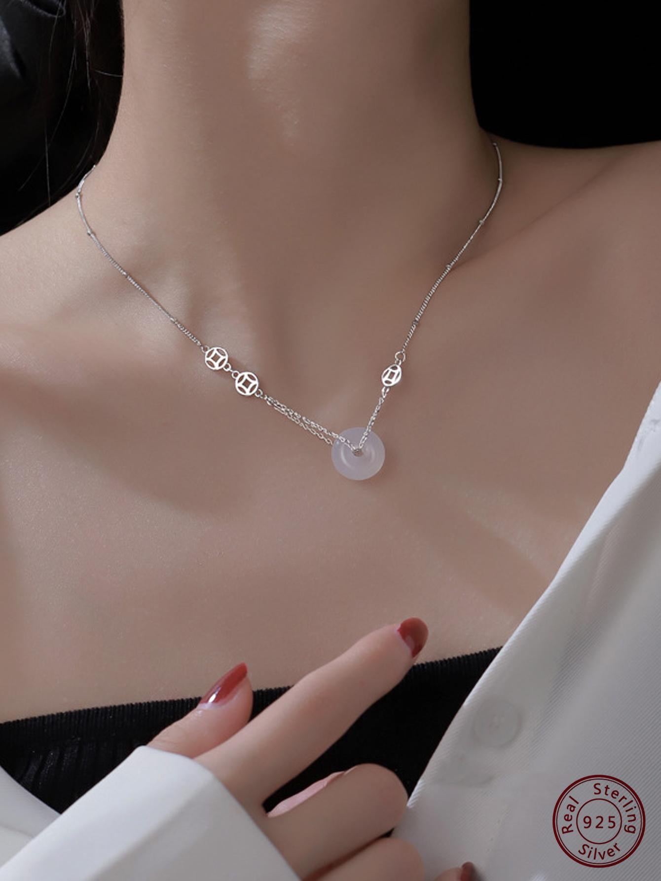 1pc Peace Buckle Natural Gemstone S925 Silver Necklace Suitable For Women's Daily Wear