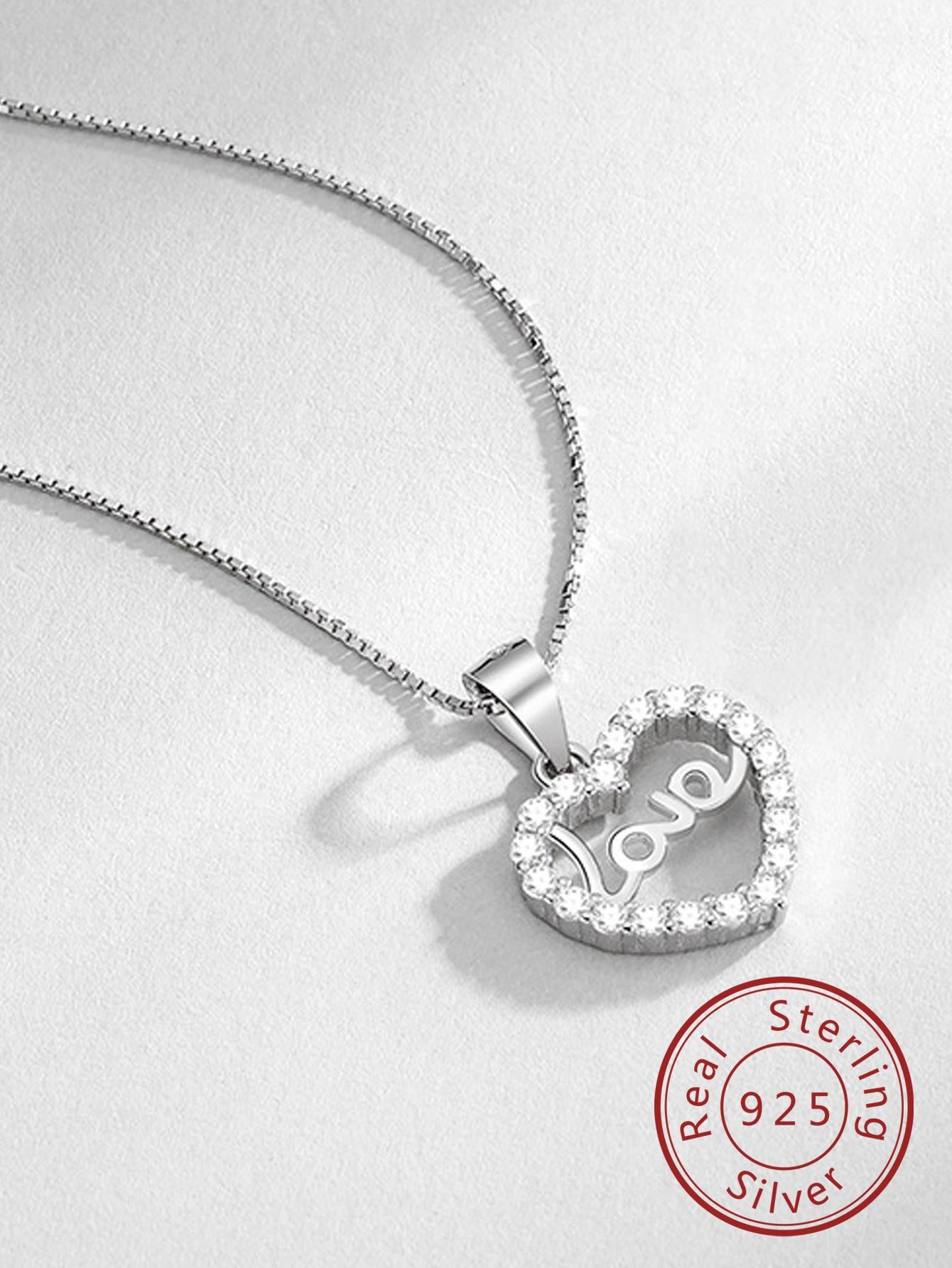 1pc Fashion Sterling Silver Cubic Zriconia Decor Heart Letter Pendant Necklace For Women For Anniversary Gift