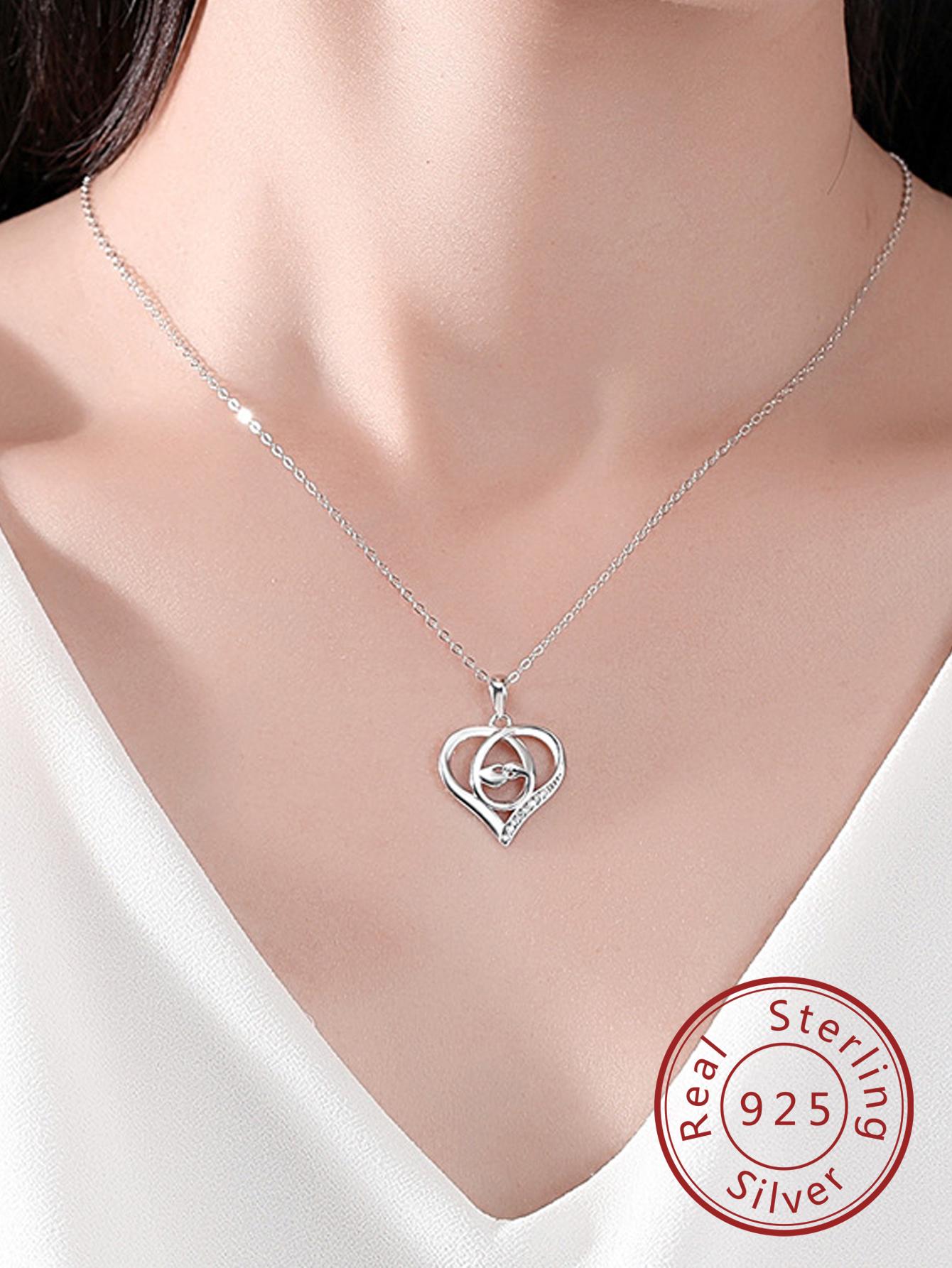 1pc Fashion Sterling Silver Cubic Zriconia Decor Gesture Detail Heart Pendant Necklace For Women For Dating Gift