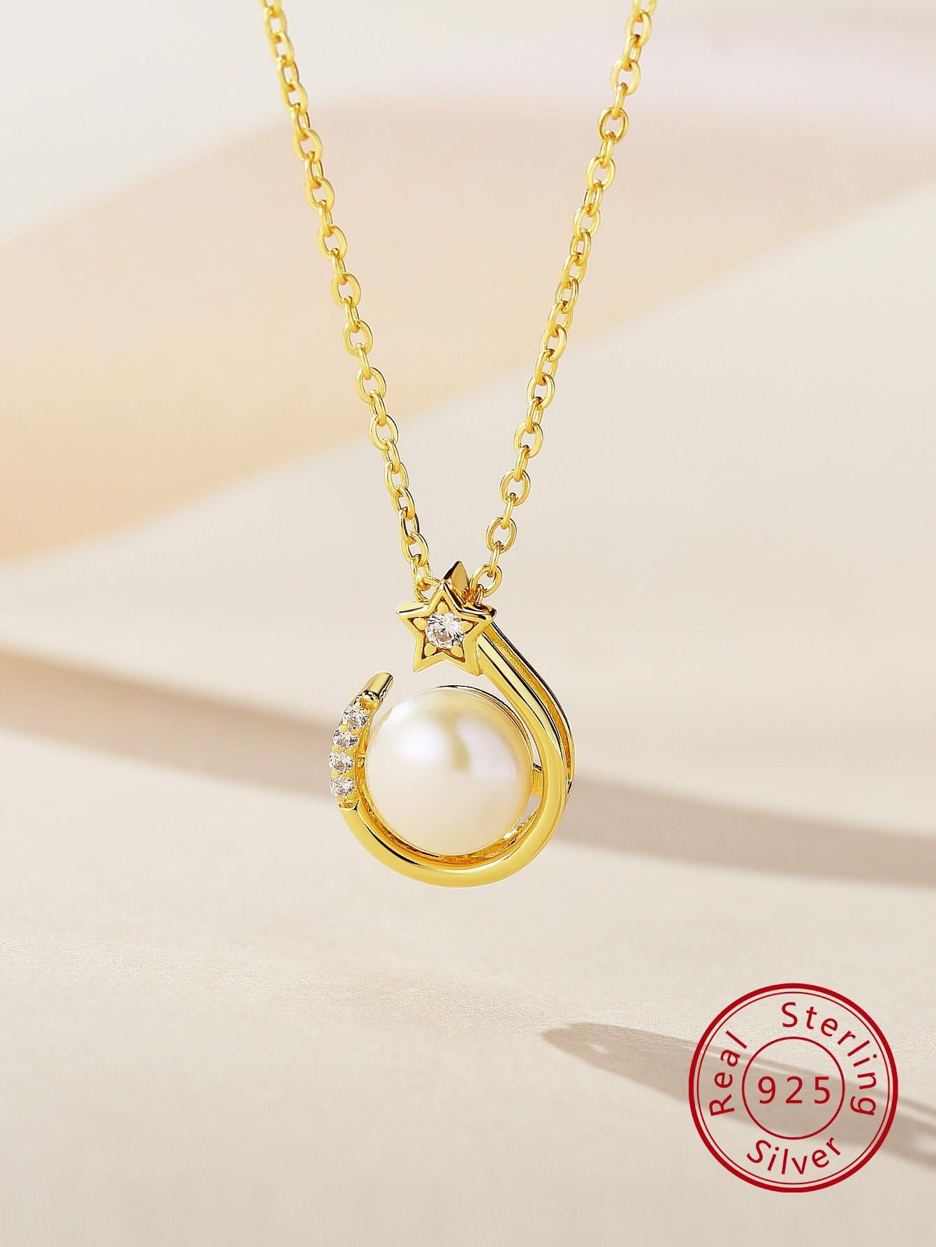 1pc Elegant, Fashionable, Simple & Shimmering Zirconia & Cultured Pearl & Sterling Silver Necklace For Women's Daily Wear