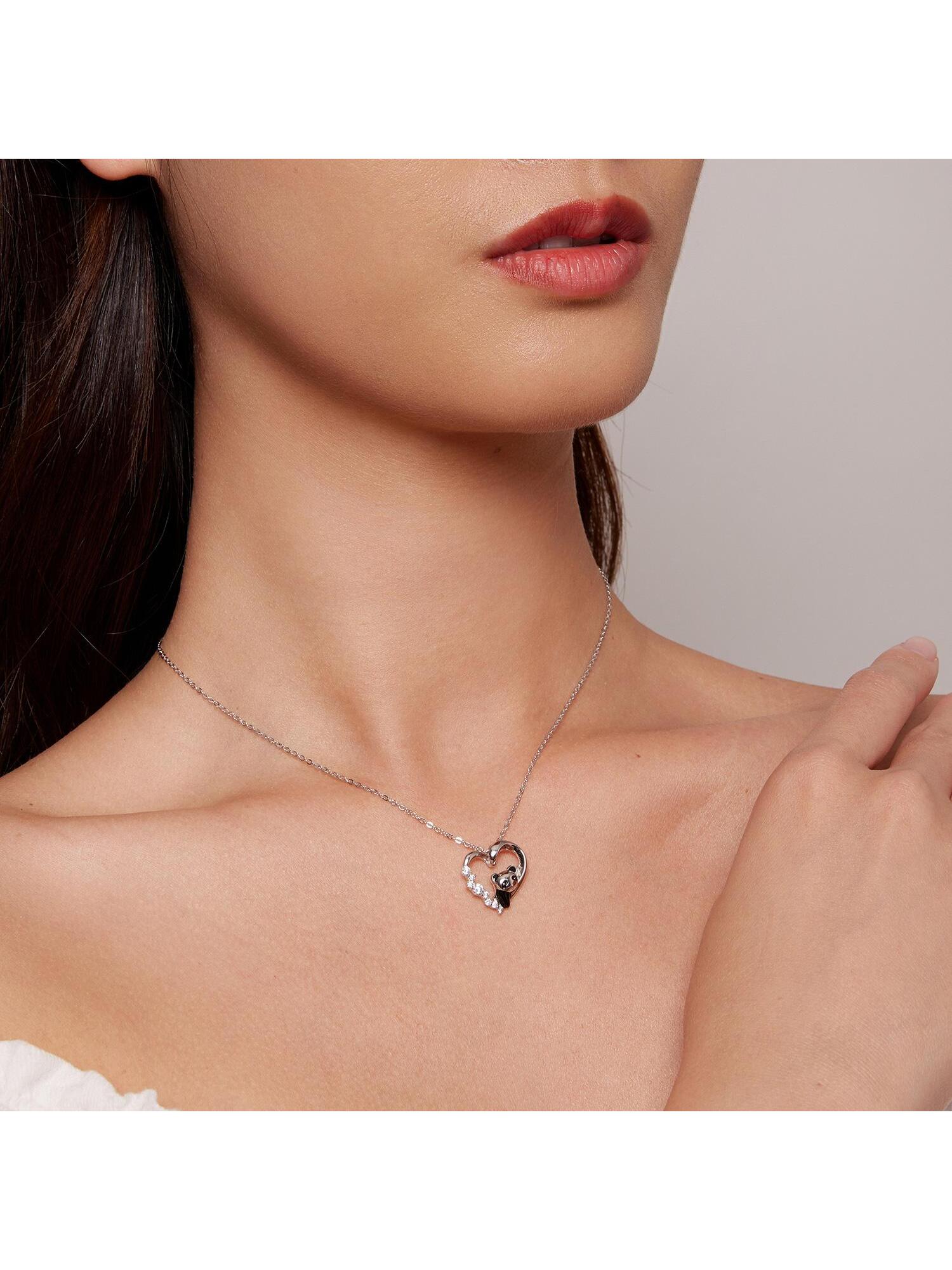 1pc 925 Sterling Silver Baby Panda Necklace Dazzling Heart Cubic Zirconia Long Chain Link Necklace For Women Fashion Jewelry