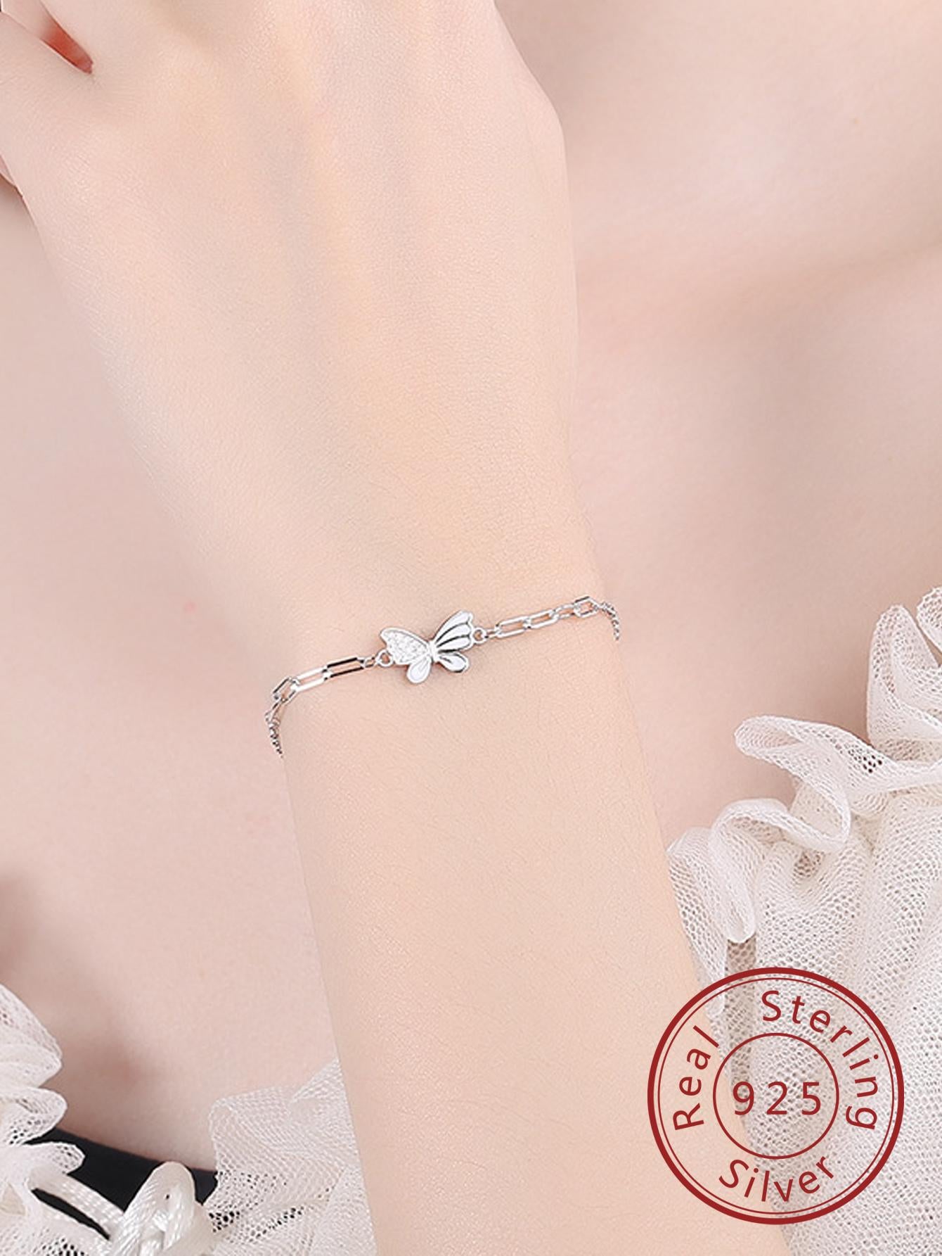 1pc 925 Sterling Silver Women's Silver Color Fashionable & Luxurious Cubic Zirconia Butterfly Design Bracelet Suitable For Gift, Wedding Anniversary And Party