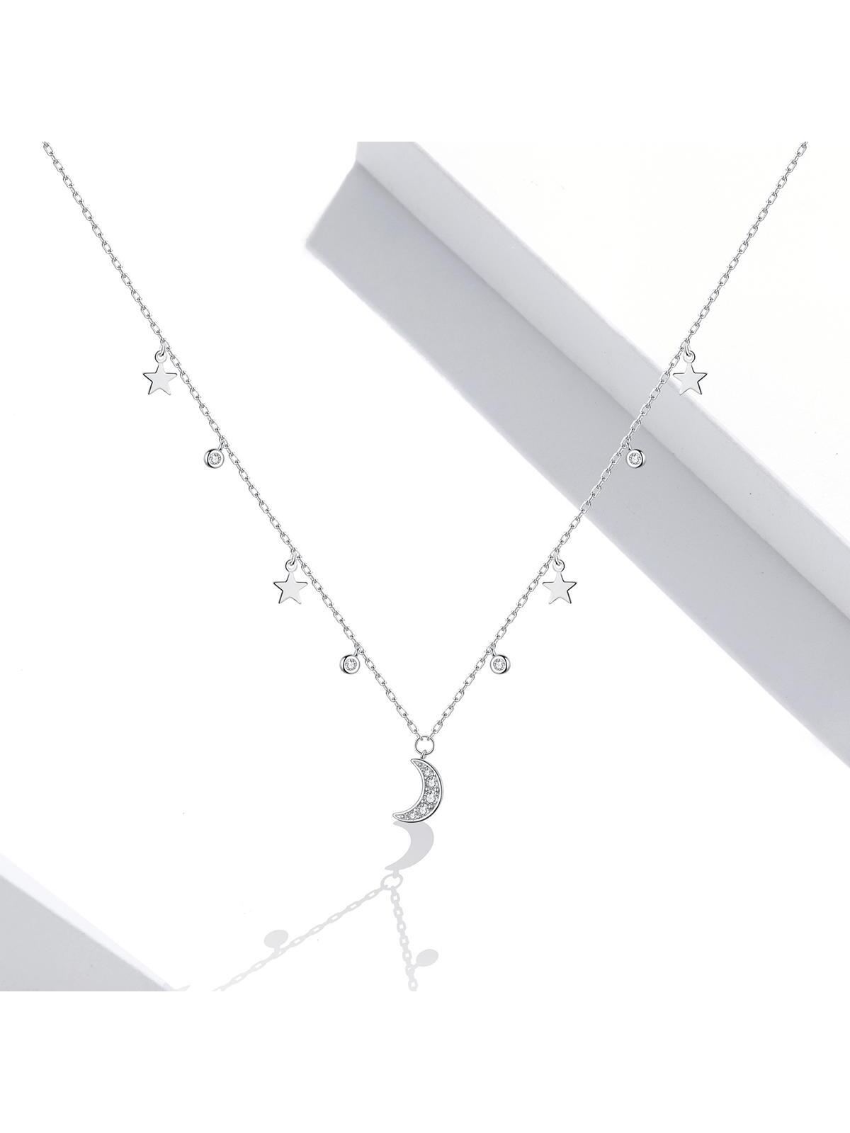 1pc 925 Sterling Silver White Moon & Star Pendant Necklace for Women Chain Link Necklaces Jewelry Birthday gift