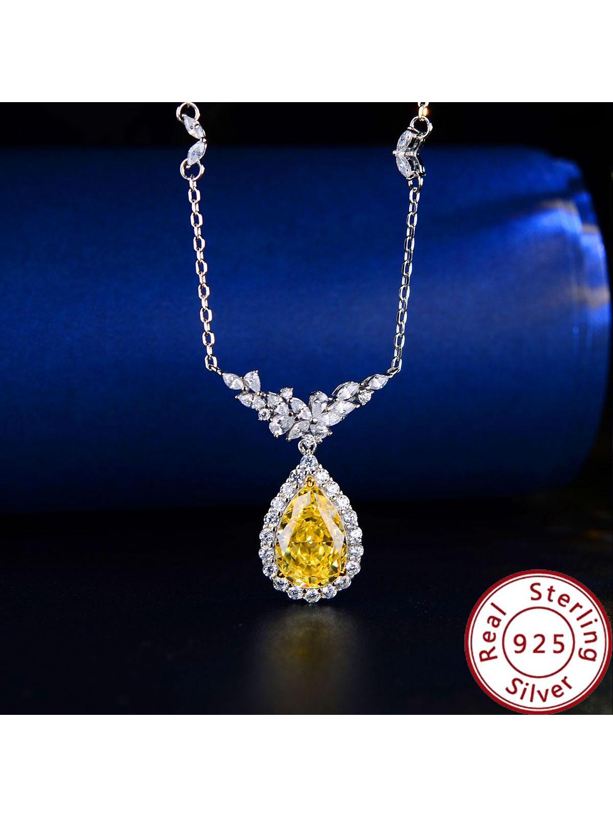 1pc 925 Sterling Silver Ice Flower Cut Crafted Yellow Cubic Zirconia Waterdrop Pendant Necklace