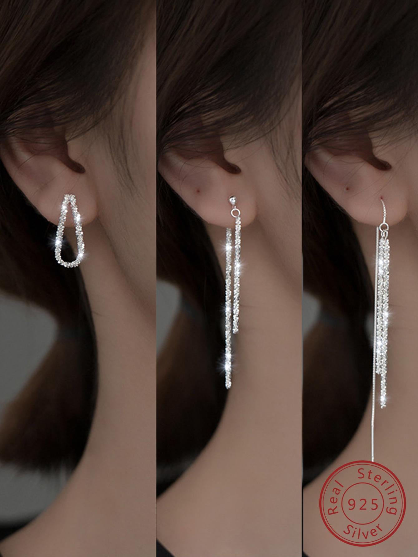 1 pair 925 Sterling Silver Advanced Sparkling Droplet Shaped Earrings Tassel Earline With Classic For Women Girls Jewelry Gifts