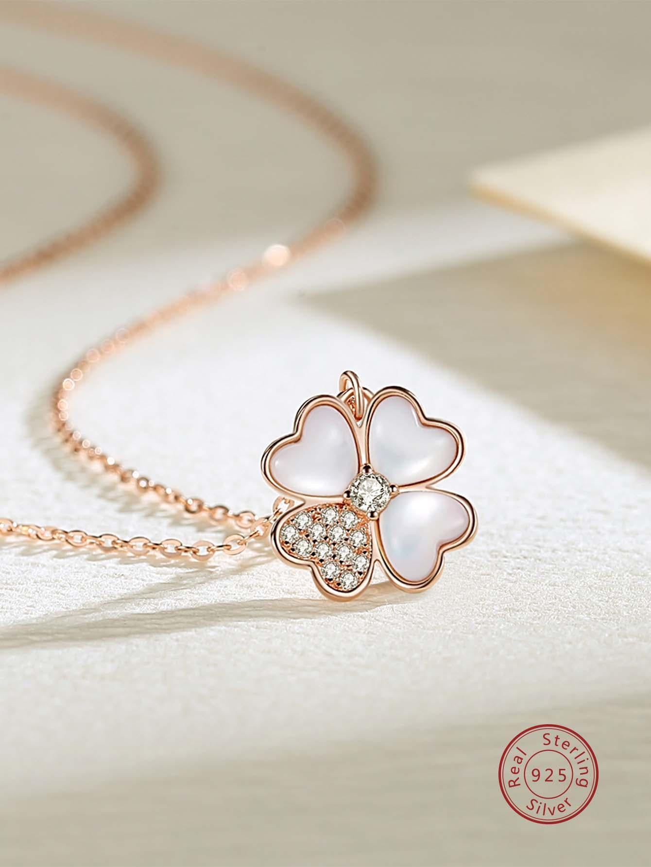 1pc Cubic Zirconia Decor Clover Charm Sterling Silver Necklace