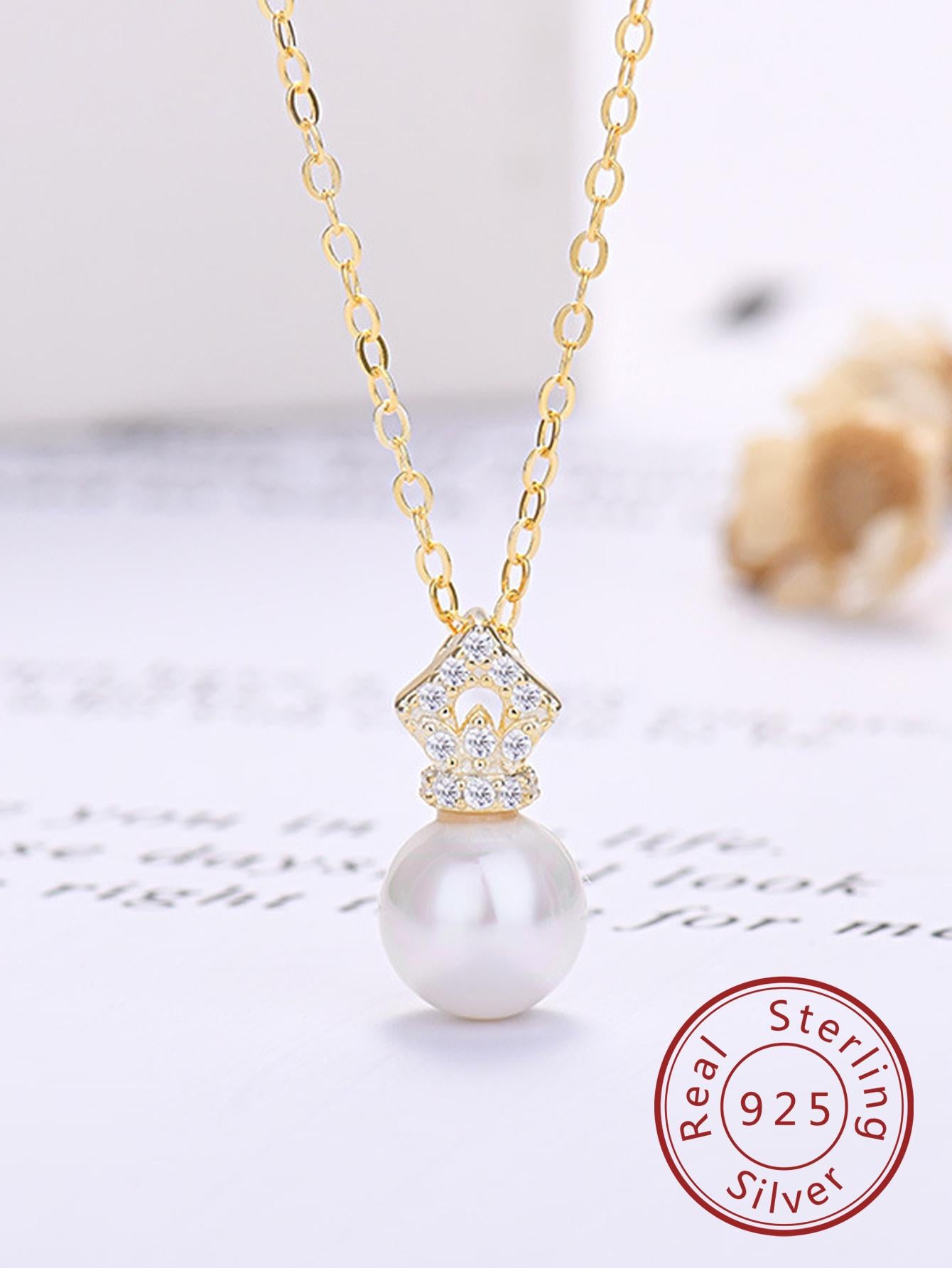 1pc 925 Silver Women's Fashionable Luxury Crown & Cubic Zirconia Decor Necklace, Suitable For Gift, Wedding Anniversary & Party