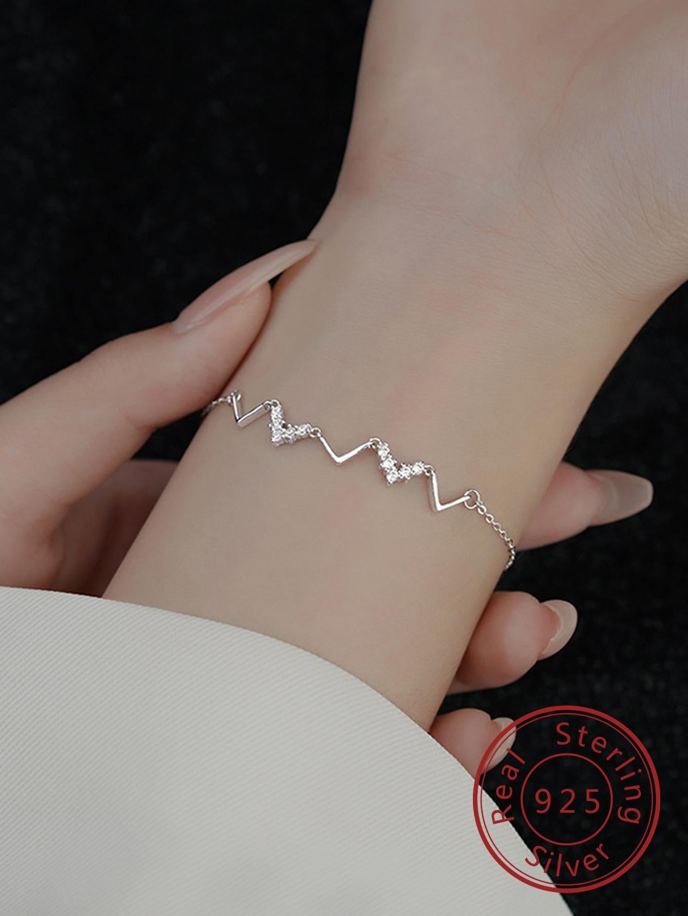 1pc 925 Sterling Silver Women's Silver Color Fashionable Luxury Wave Electrocardiogram Chain Bracelet With , Suitable For Gift, Wedding Anniversary And Party