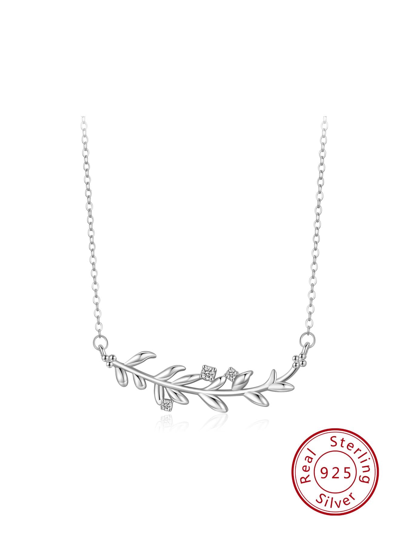 1pc Fashion Cubic Zirconia Decor Leaf Pendant Sterling Silver Necklace For Women For Gift