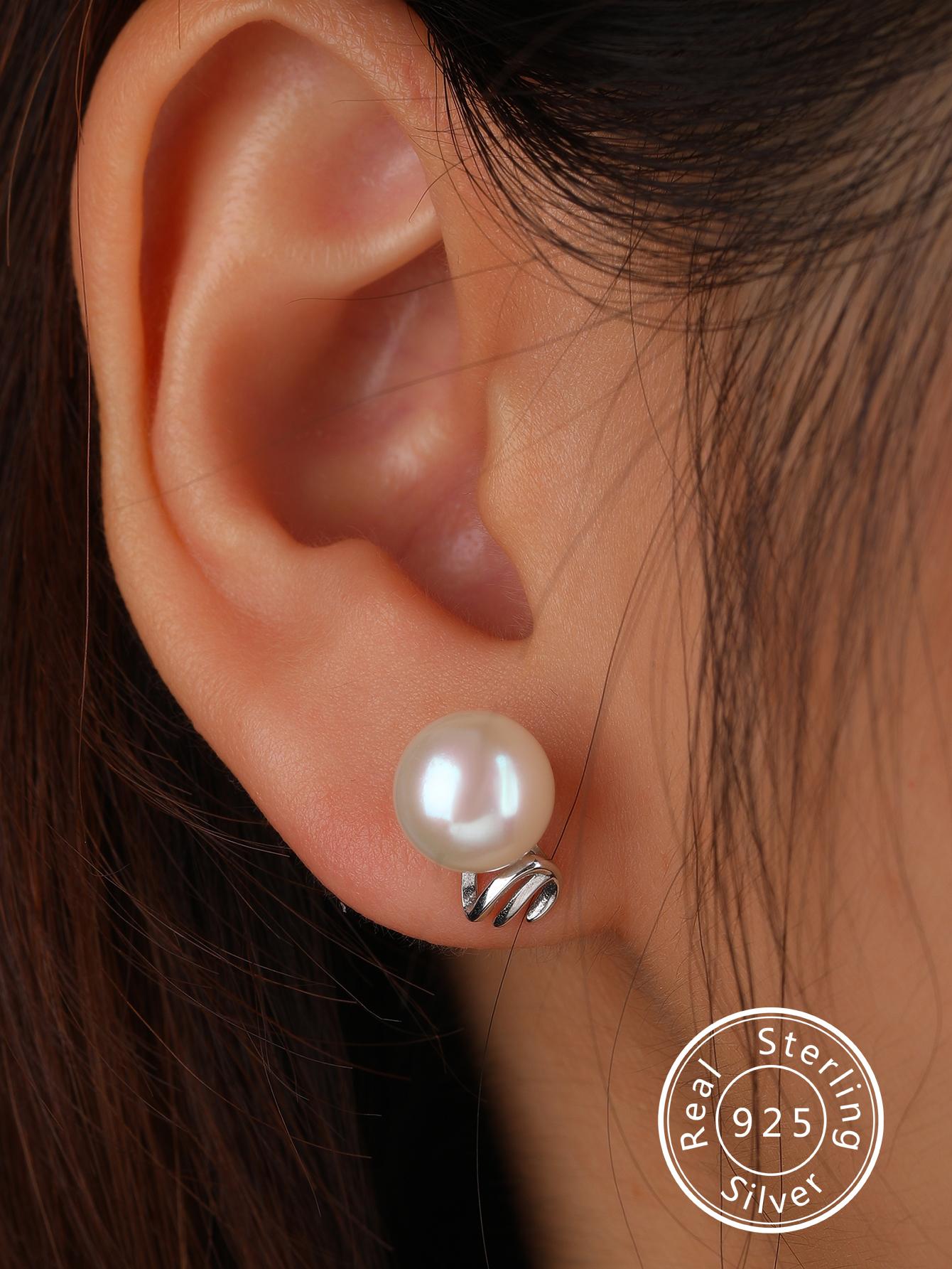 1pair Elegant Cultured Pearl Decor Sterling Silver Stud Earrings For Women For Daily Decoration