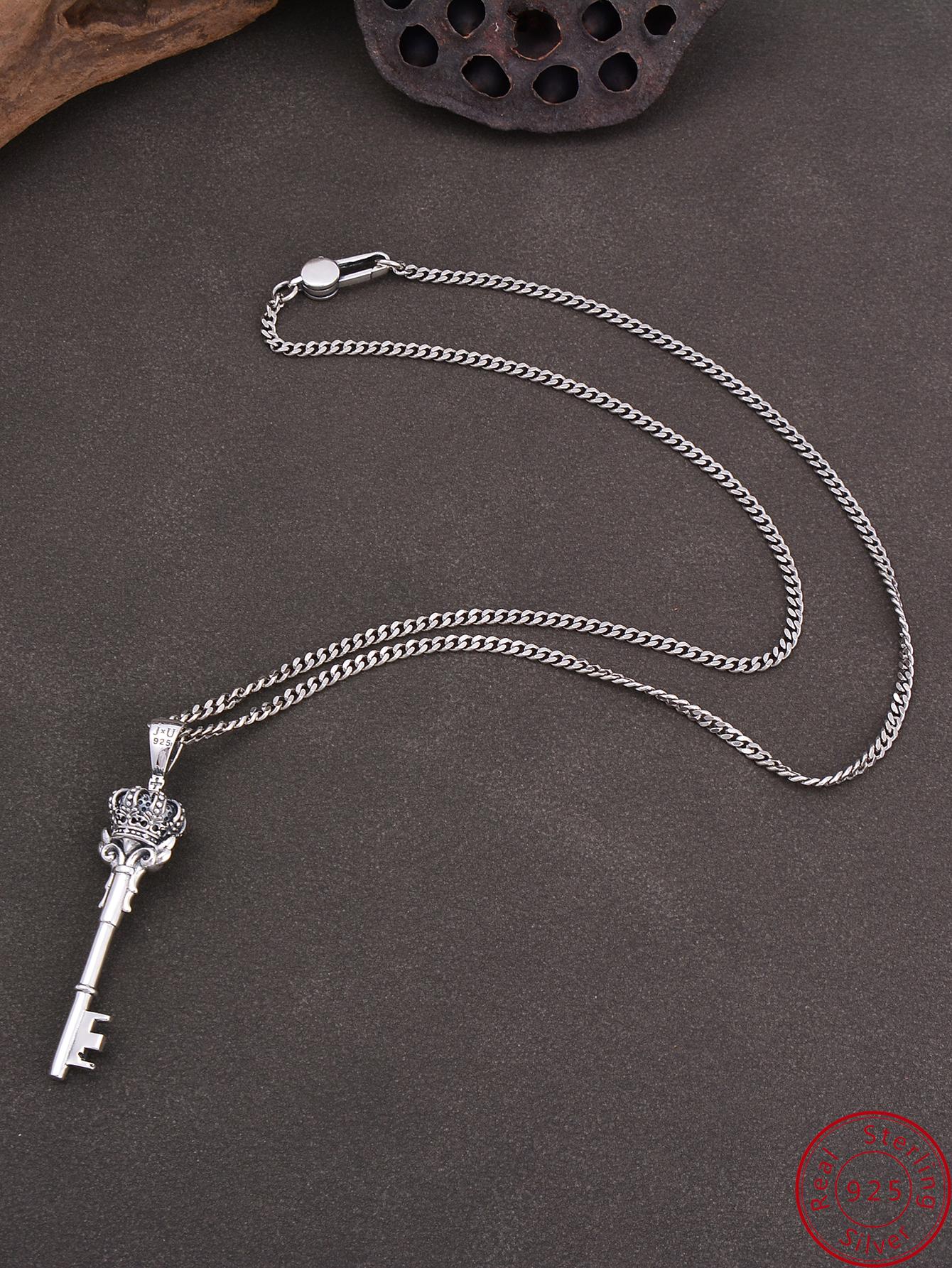 1pc Fashionable 925 Sterling Silver Vintage Crown & Key Shaped Pendant Necklace With Cubic Zirconia For Men & Women, Birthday Anniversary Father's Day Gifts, Men's & Women's Gifts, Daily Wear Gifts