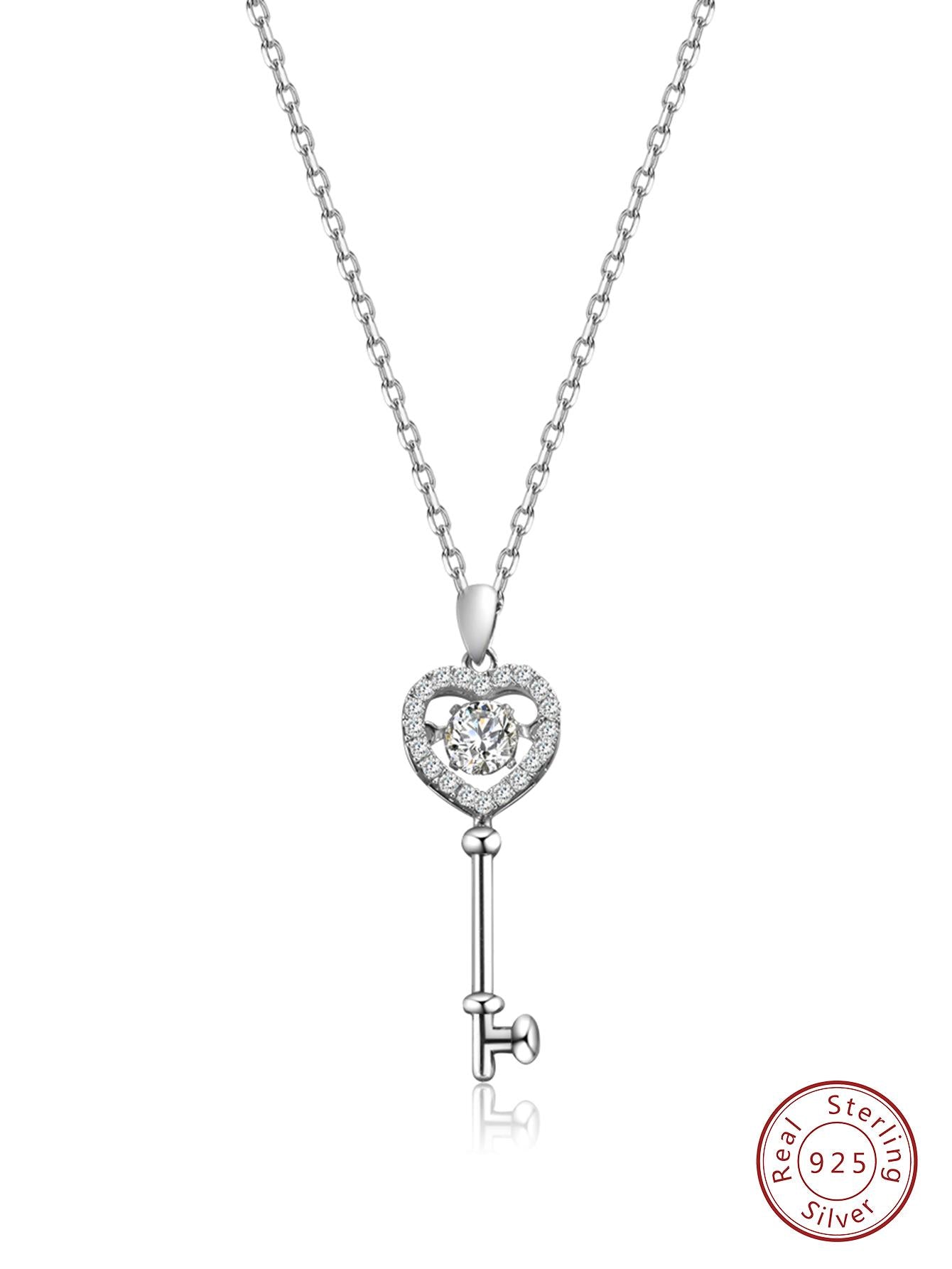 1pc Heart Shaped Stone & 925 Sterling Silver Key Pendant With Chain For Women, Anniversary Gift