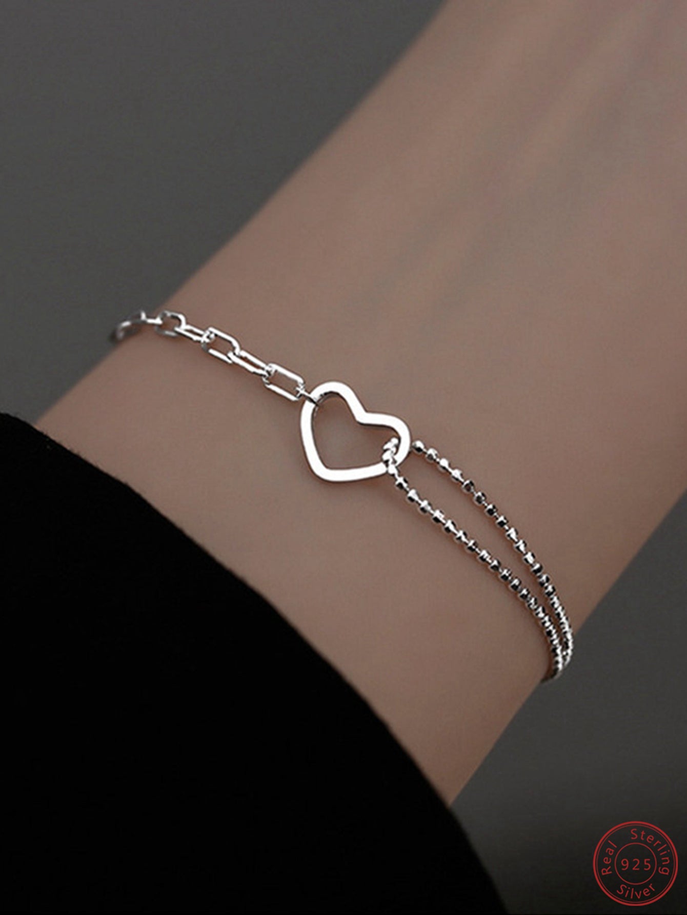 1pc Double Layer Heart Design 925 Silver Chain Bracelet, Simple And Fashionable, Suitable For Girlfriend, Mother, Teacher, Best Friend, Classmate, Etc.