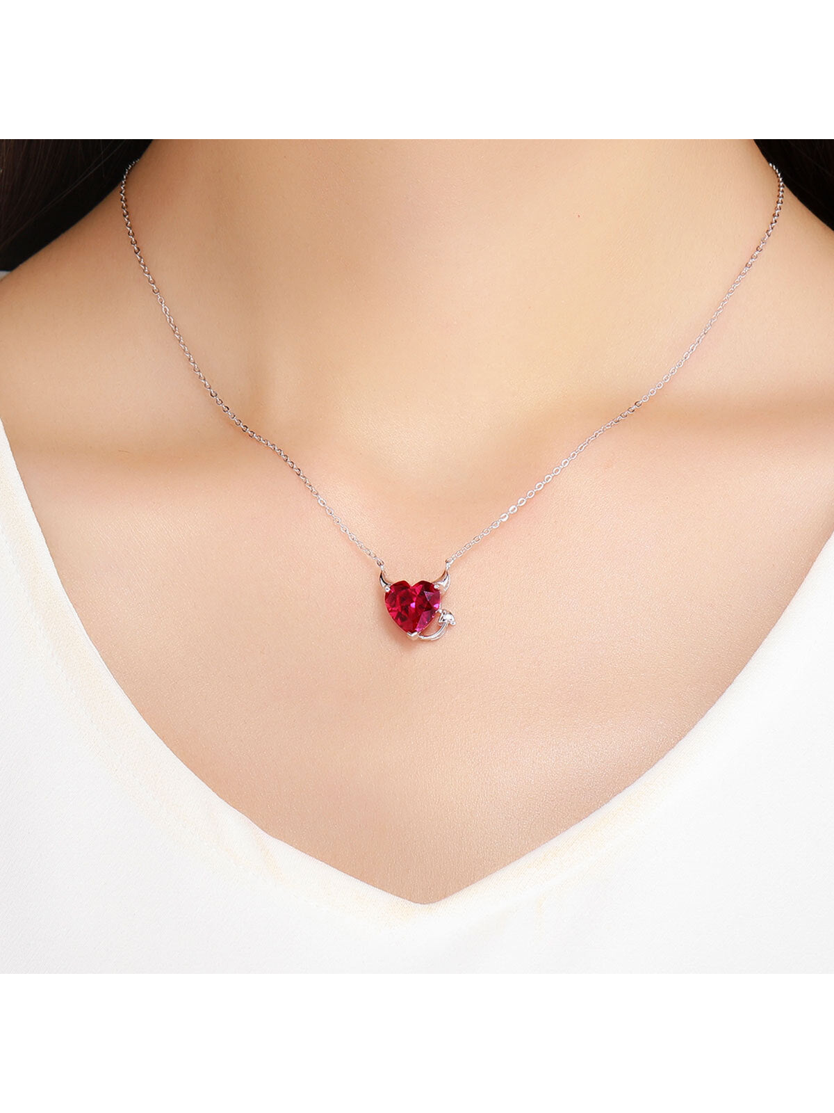 1pc Collection 925 Sterling Silver Red Cubic Zirconia Heart Necklace Pendant For Women Fashion Silver Jewelry