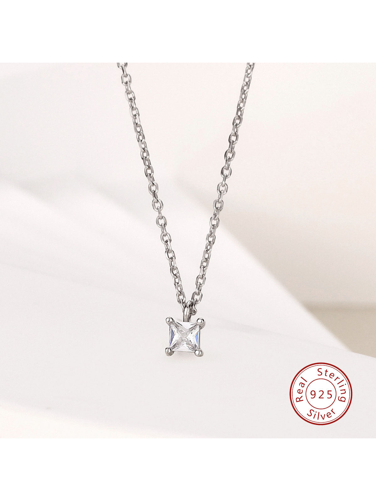 1pc Pure Silver Mini Square Cut Cubic Zirconia Elegant Collarbone Pendant Necklace