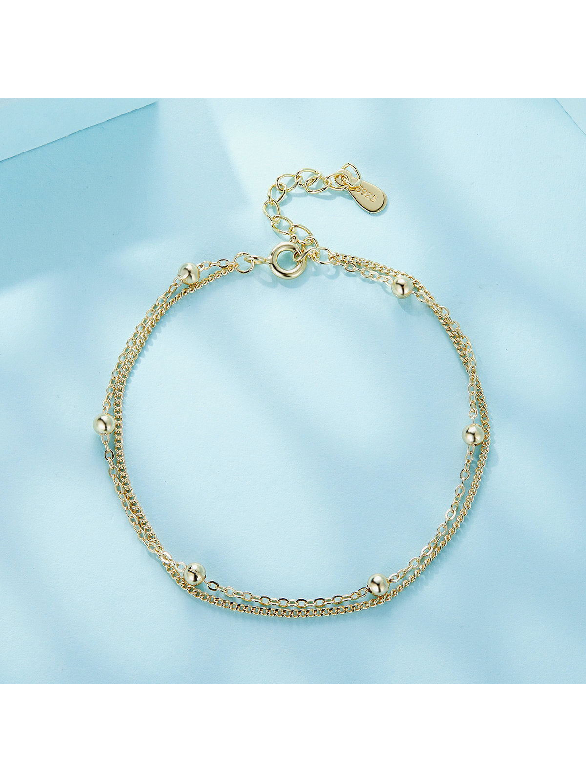 1pc 925 Silver Chain Bracelet Double Layers Round Beads Link Chain Bracelet Women 7.48 inch Adjustable Gold Color Jewelry 2 colors