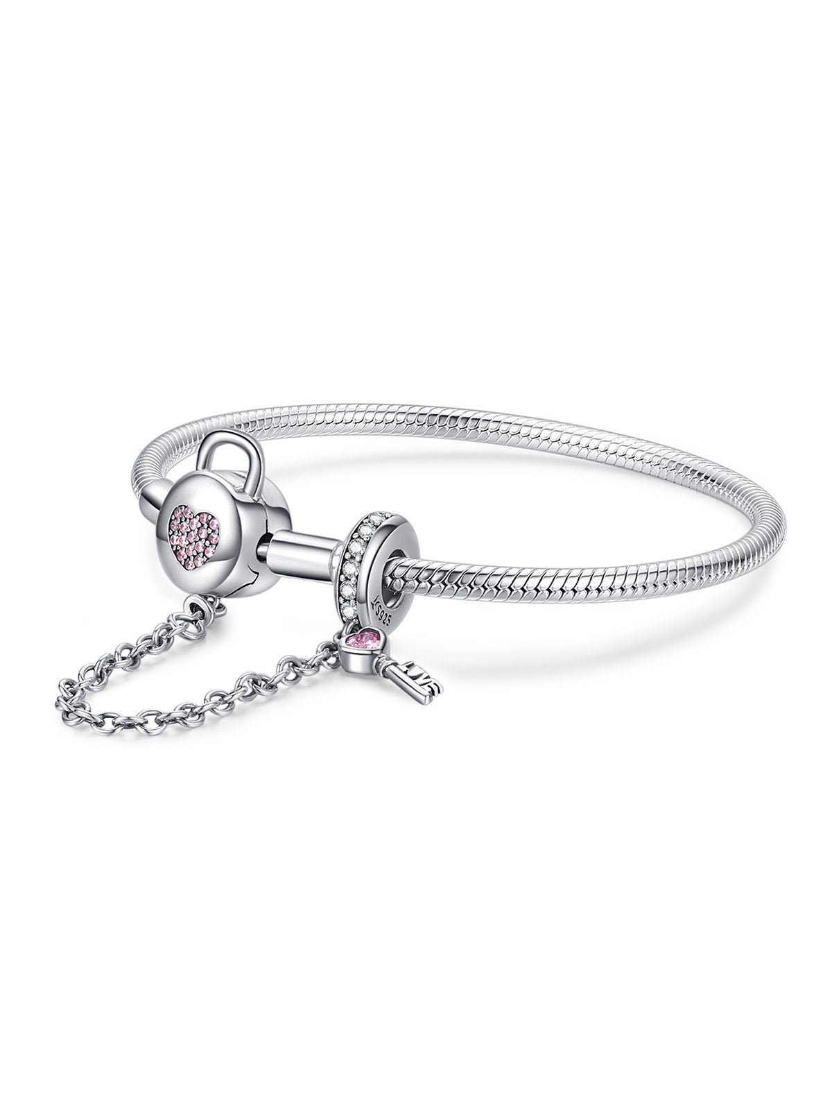 1pc 925 Sterling Silver Snake Chain Bracelet Cubic Zirconia Pink Heart Lock and Key Safety Charm Bracelet for Women Gift