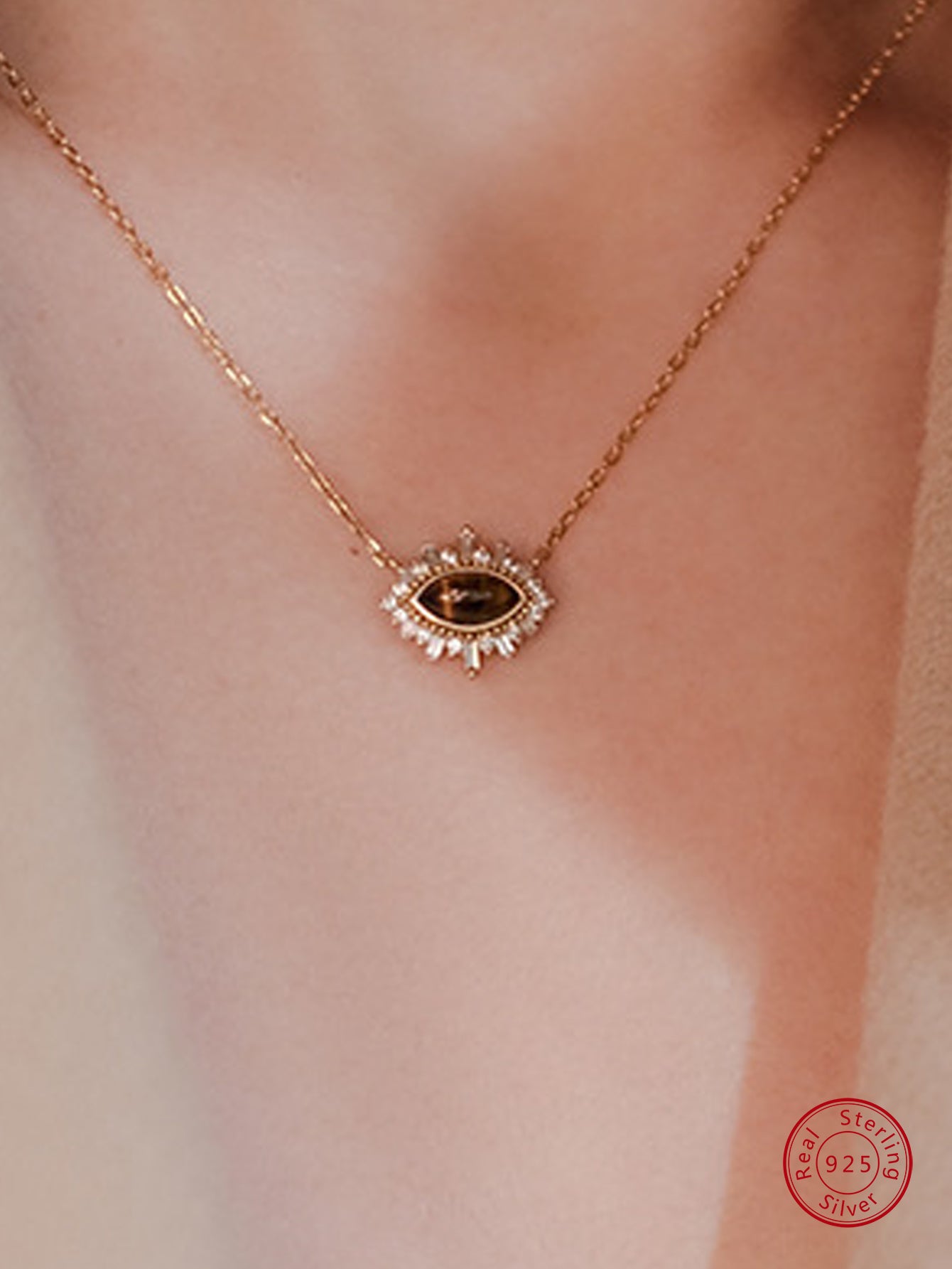 1pc Retro Court Style Sterling Silver Tiger Eye Stone Necklace Pendant With Cubic Zirconia Luxury Collarbone Chain For Women Gift