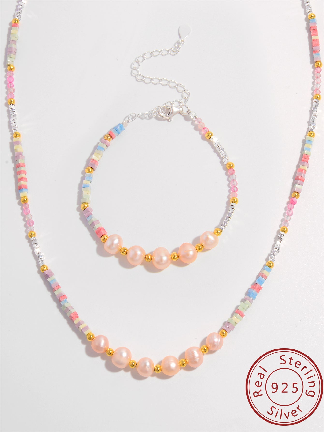 1set 925 Sterling Silver Necklace & Bracelet Set Matched With Natural Pearls & Random Colors, Summer Women's Jewelry Set