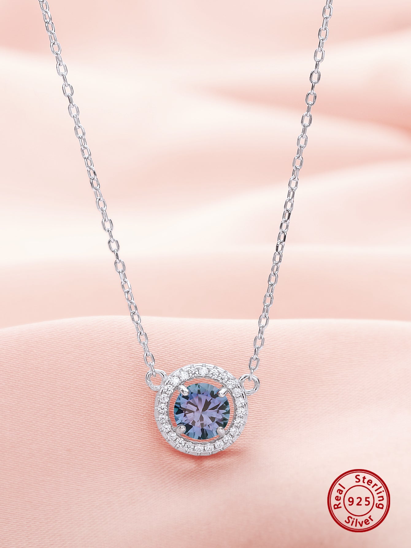 1pc Elegant Halo Round Cubic Zirconia Pendant Solid 925 Sterling Silver Necklace Color Change June Birthstone Necklace