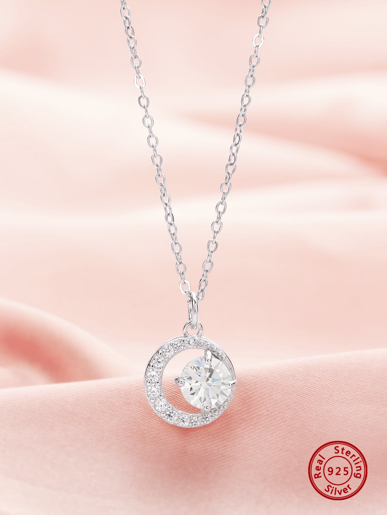 1pc Elegant Full Moon Round White Cubic Zirconia Pendant Solid 925 Sterling Silver Necklace