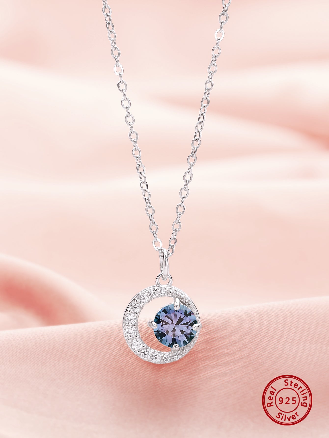 1pc Elegant Full Moon Round Cubic Zirconia Pendant Solid 925 Sterling Silver Necklace Color Change June Birthstone Necklace