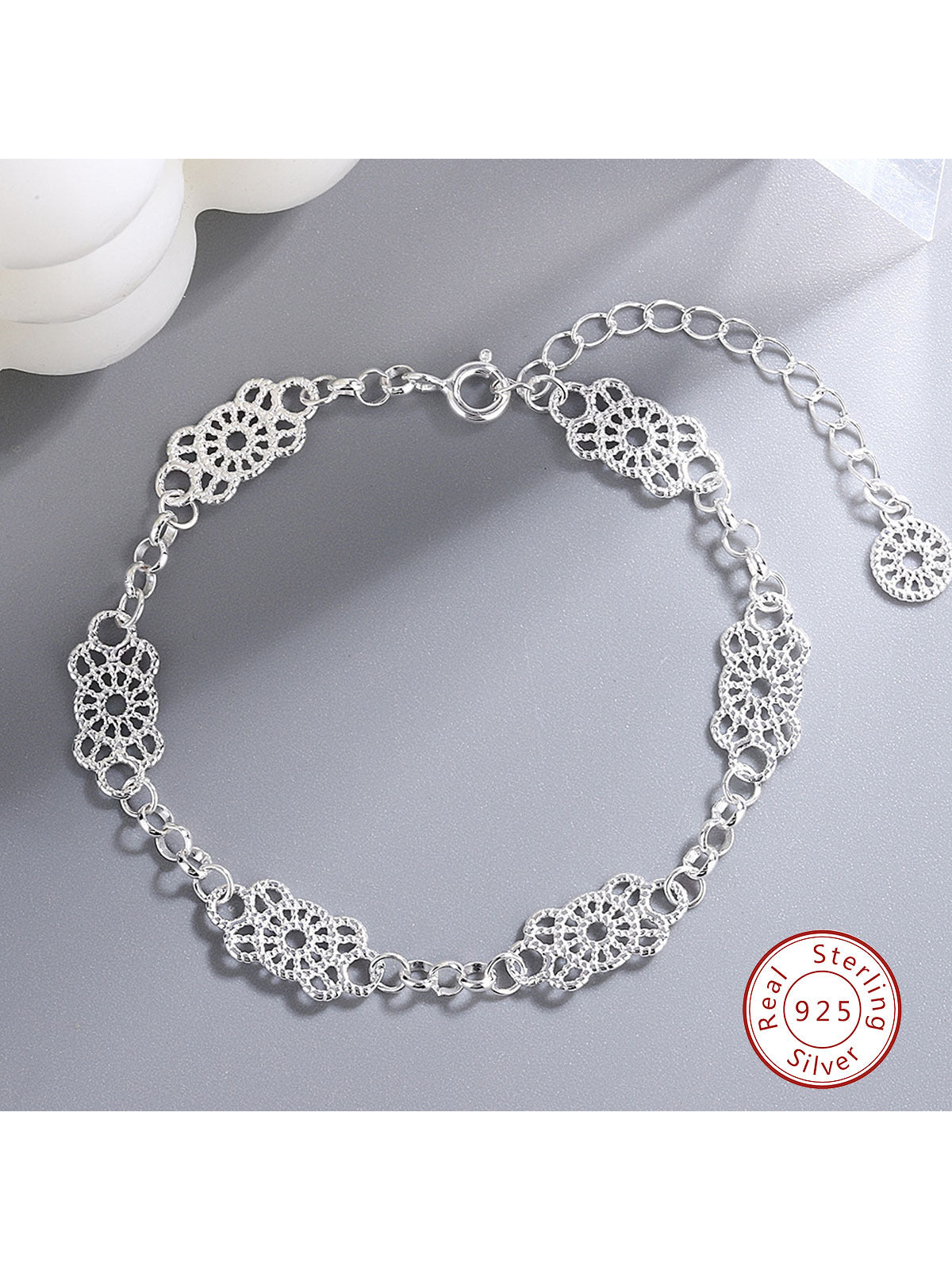 1pc Elegant & Simple Ladies' Lace & Sterling Silver Flower Edge Link Chain Bracelet