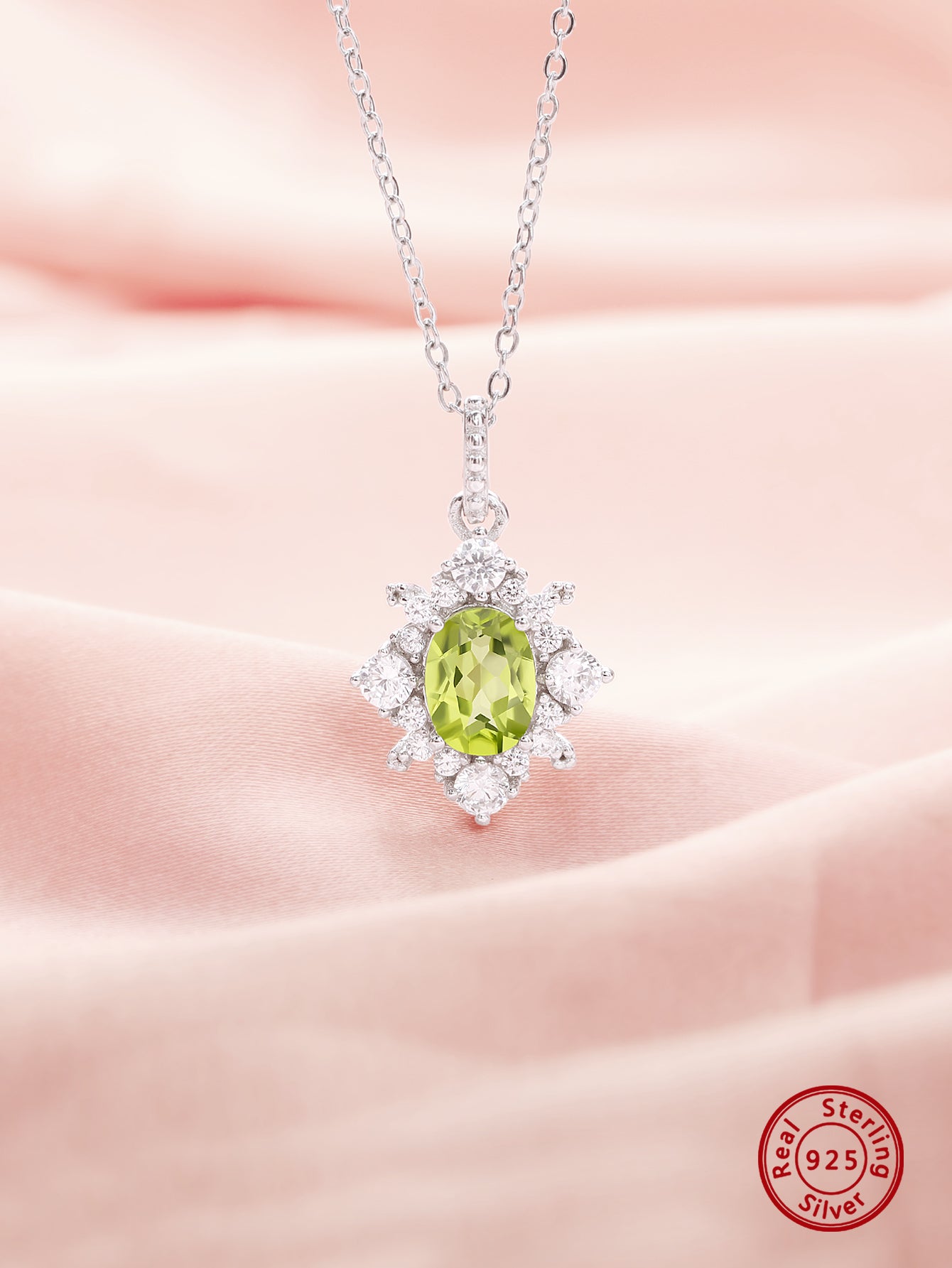 1pc August Birthstone Halo Oval Green Nature Peridot Pendant Solid 925 Sterling Silver Necklace for Women 16 + 2 inch