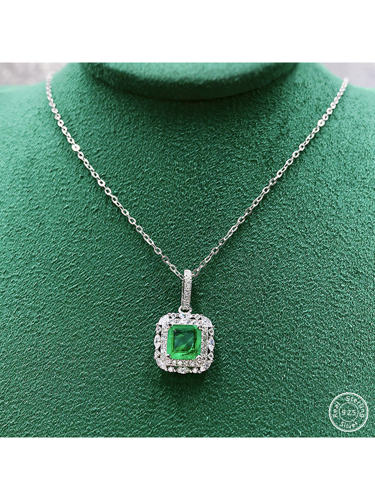 1PC Luxury Emerald Pendant Necklace for Women 925 Sterling Silver 7x7mm Square Cubic Zirconia Green Created Gemstone Necklace Vintage Jewelry Wedding Party Birthday Gifts 18 Inch