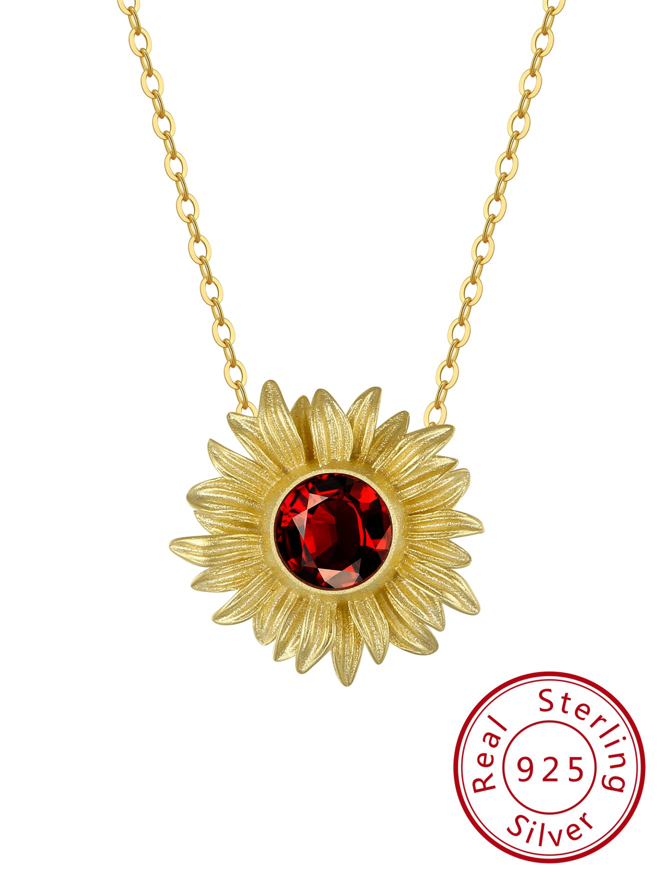 1PC 925 Sterling Silver Natural Garnet Unique Sunflower Design Pendant Necklace Woman Girl Neck Chain Jewelry Wedding Birthday Anniversary Gift