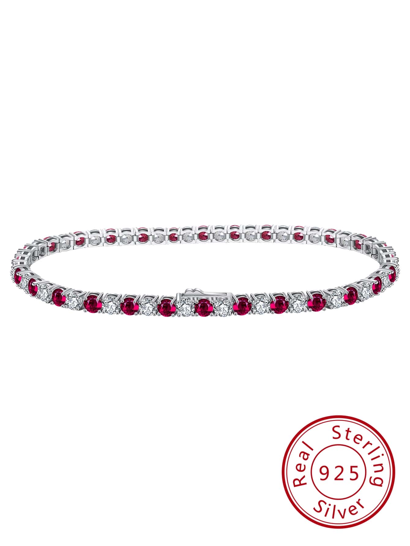 1 PC 925 Sterling Silver Tennis Bracelet Red Corundum Cubic Zirconia Women Hand Chain Jewelry Gift for Birthday Anniversary Day Wedding Party