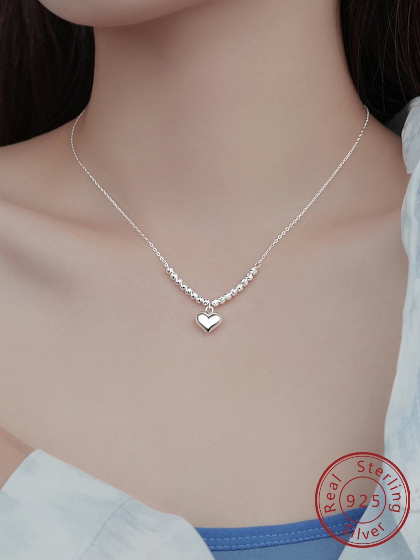 1pc S925 Sterling Silver Simple Style Lucky Bead & Heart Pendant With Unique Design Collarbone Chain For Women's Jewelry Gift