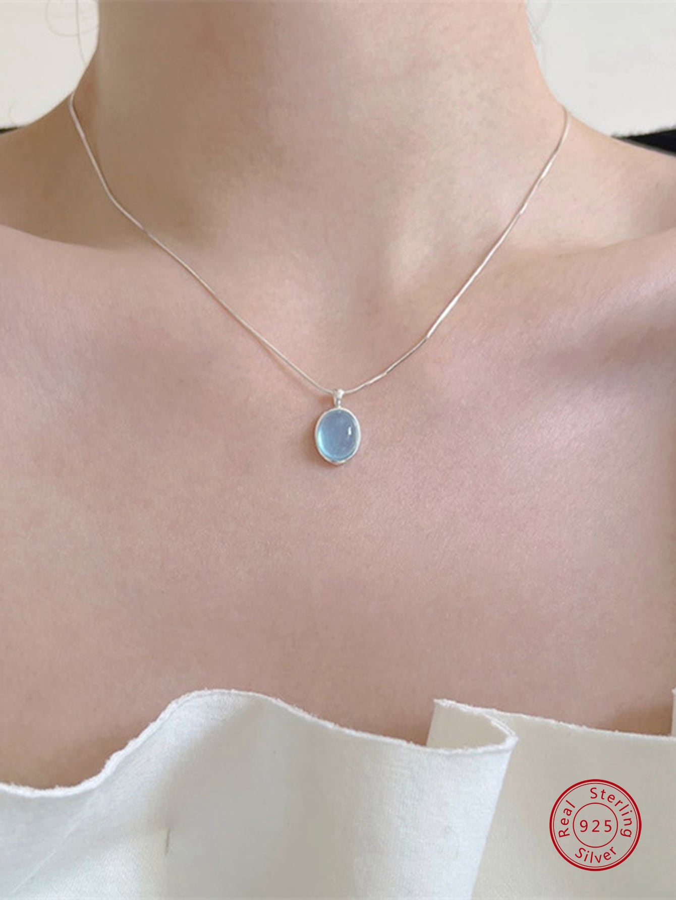 1pc Ins Style, Simple, Unique, Elegant, Personalized, 925 Sterling Silver, Sea Blue Opal Oval Drop Collarbone Chain Necklace, Women's Valentine's Day Gift